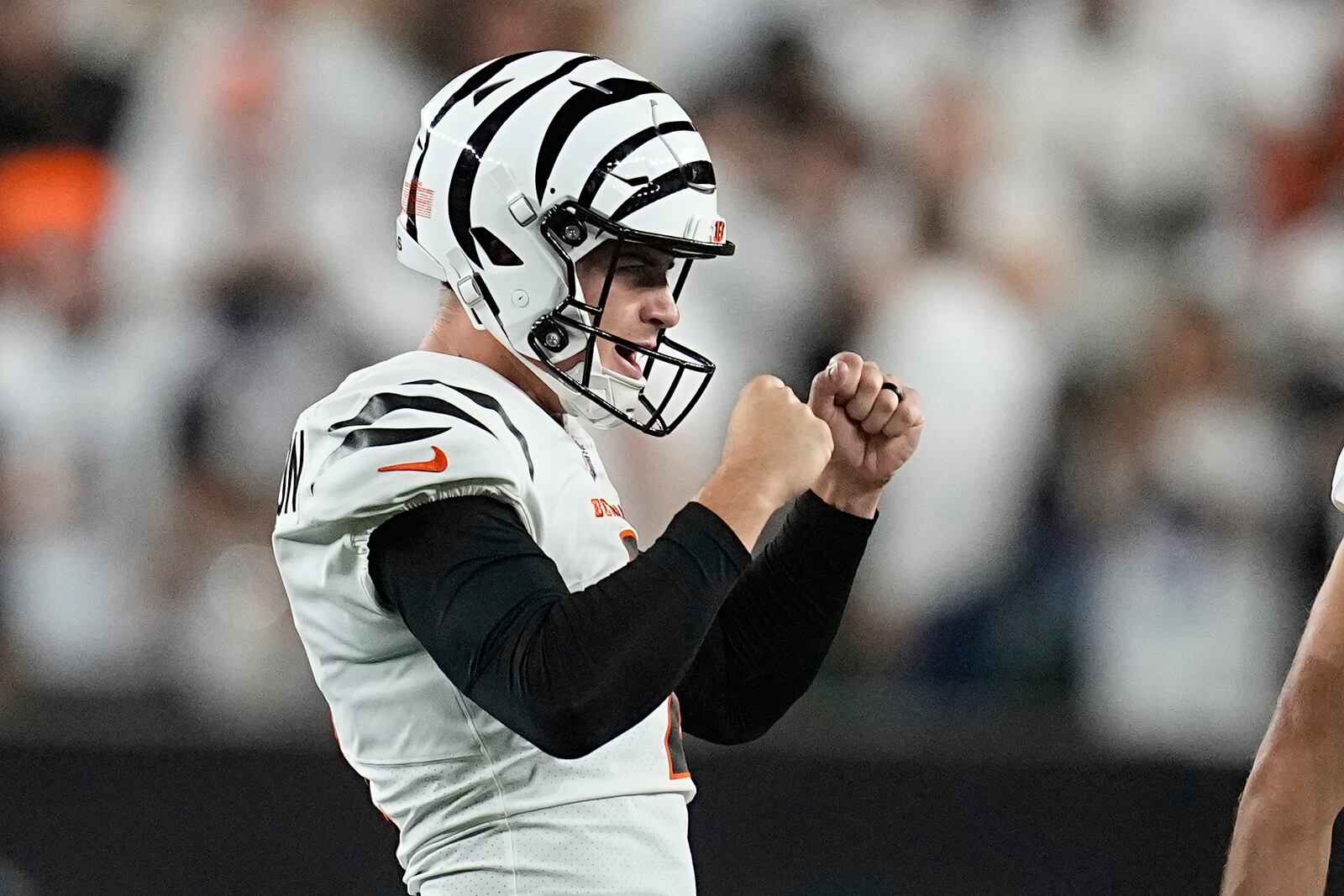 Cincinnati Bengals kicker Evan McPherson celebrates after making a 54-yard field goal during the second half of an NFL football game against the Los Angeles Rams Monday, Sept. 25, 2023, in Cincinnati. (AP Photo/Darron Cummings)