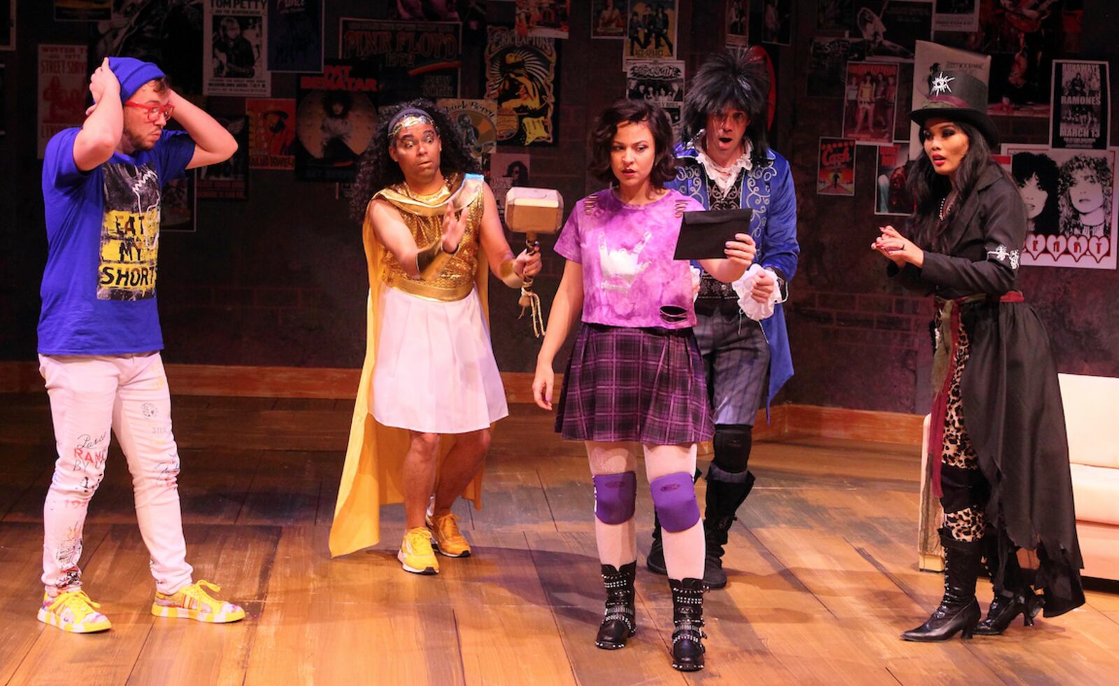 left to right: Zack Steele (Ed "Shreddy Eddy" Leary), Andrew Ian Adams (Gabe "Golden Thunder" Partridge), Allison Kelly (Nina "The Nina" O'Neal), Drew Vidal (Mark "Facebender" Lender"), and Reanne Acasio (Astrid "Cannibal Queen" Anderson) in the Human Race Theatre Company's production of "Airness." PHOTO BY SCOTT J. KIMMINS