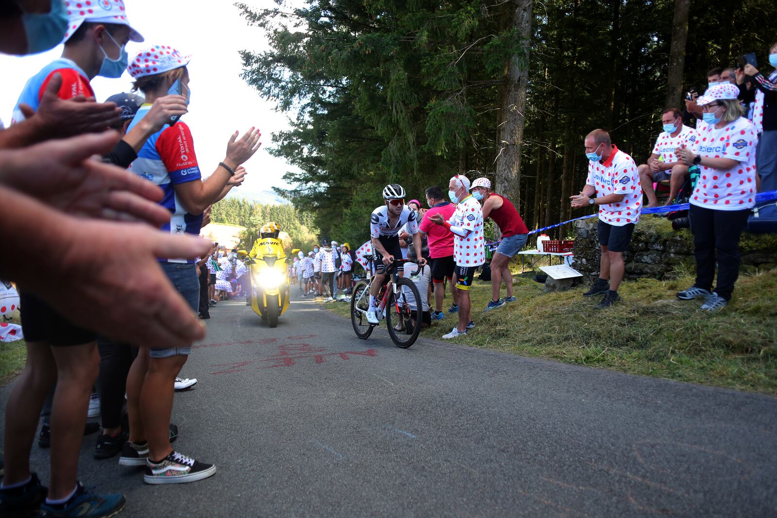 Switzerland's Marc Hirschi climbs Suc au May pass during the stage 12 of the Tour de France cycling race over 218 kilometers from Chauvigny to Sarran, Thursday, Sept. 10, 2020. (AP Photo/Thibault Camus)