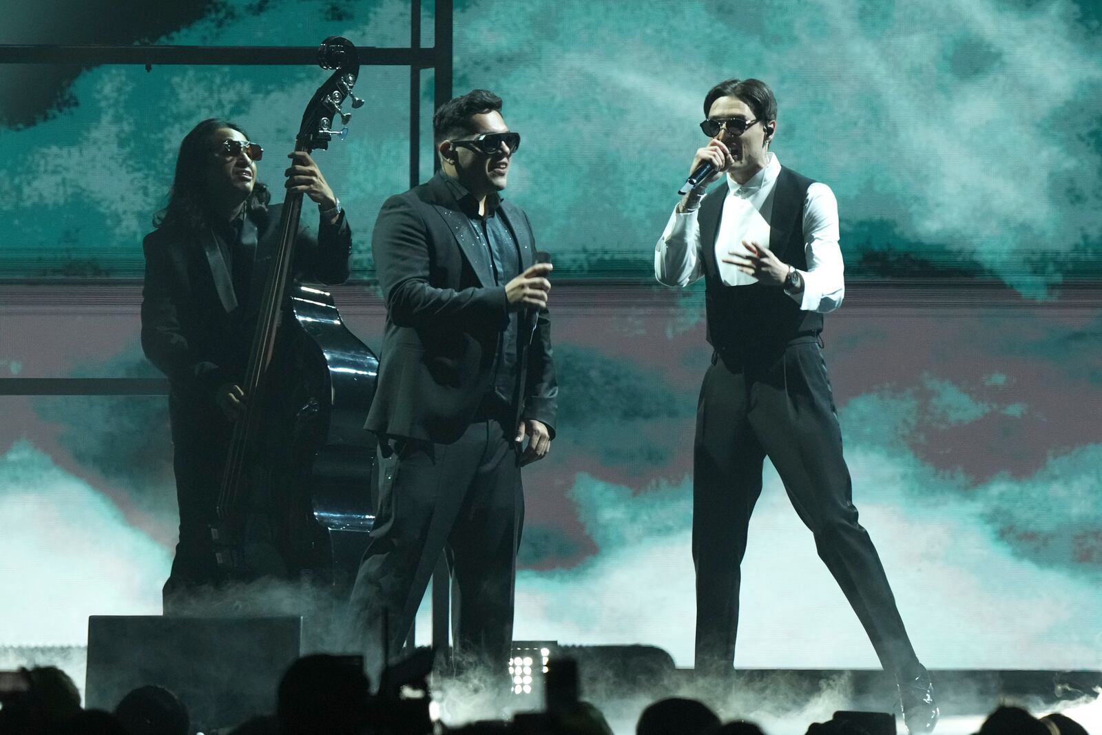 Estevan Plazola, left, and Peso Pluma perform during the MTV European Music Awards in Manchester, England, Sunday, Nov. 10, 2024. (Scott A Garfitt/Invision/AP)