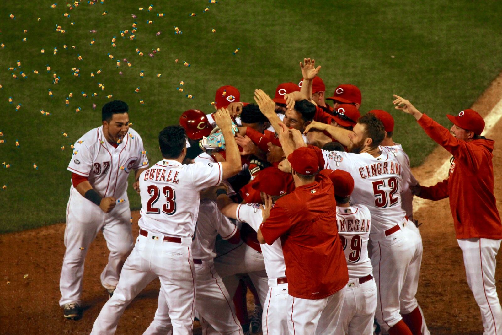 Joey Votto hits a walk-off home run against the Cardinals in the ninth inning on Tuesday, June 7, 2016, at Great American Ball Park in Cincinnati.