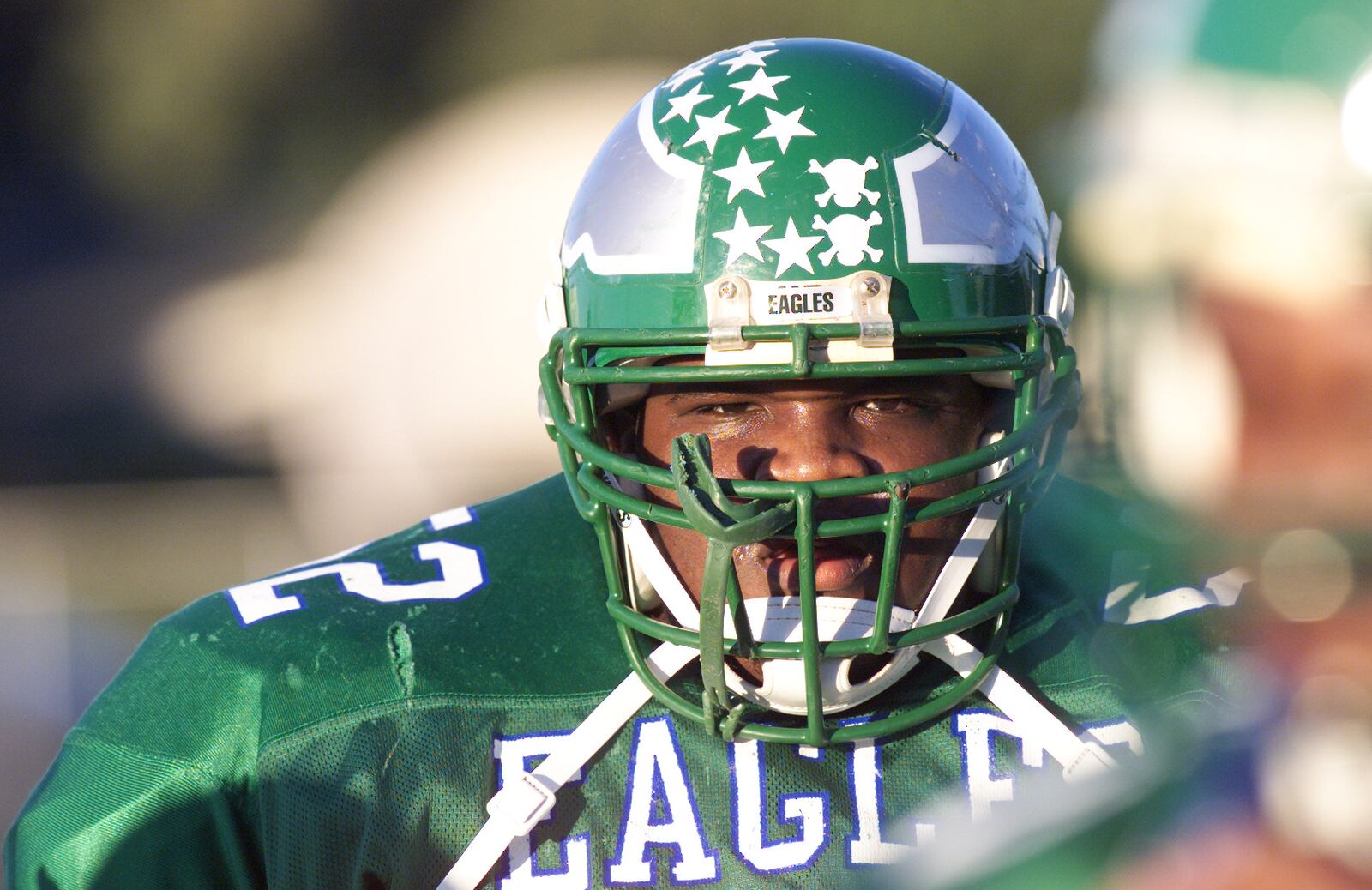 Chaminade-Julienne lineman Brandon McKinney (52) waits to take the field before the Eagle's game Friday against Purcell Marian.