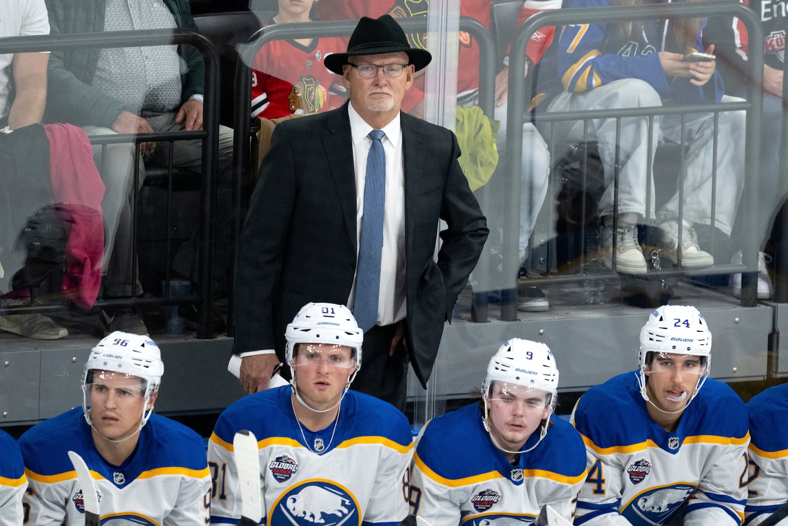 Buffalo Sabres NHL hockey team head coach Lindy Ruff watches from the bench during an ice hockey match against Red Bull Munich in Munich, Germany, Friday, Sept. 27, 2024.(Sven Hoppe/dpa via AP)