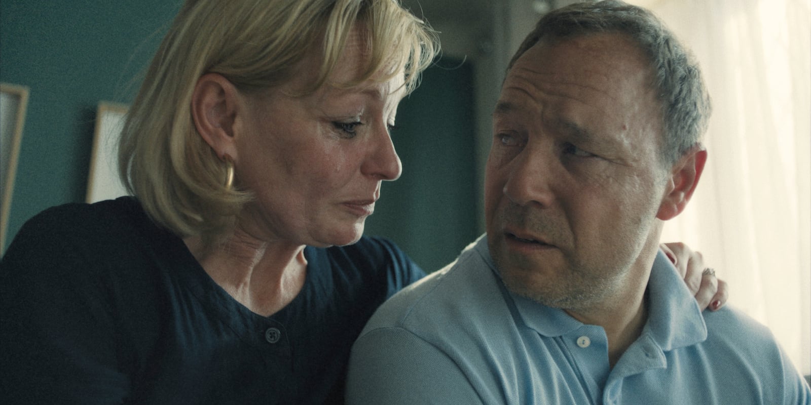 This image released by Netflix shows Christine Tremarco, left, and Stephen Graham in a scene from "Adolescence." (Netflix via AP)