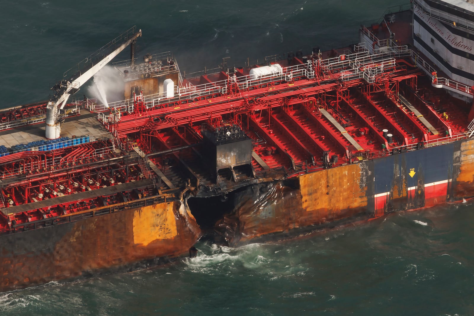 The damaged MV Stena Immaculate tanker at anchor off the Yorkshire coast in the North Sea, Tuesday, March 11, 2025 in England. (Dan Kitwood/Pool Photo via AP)