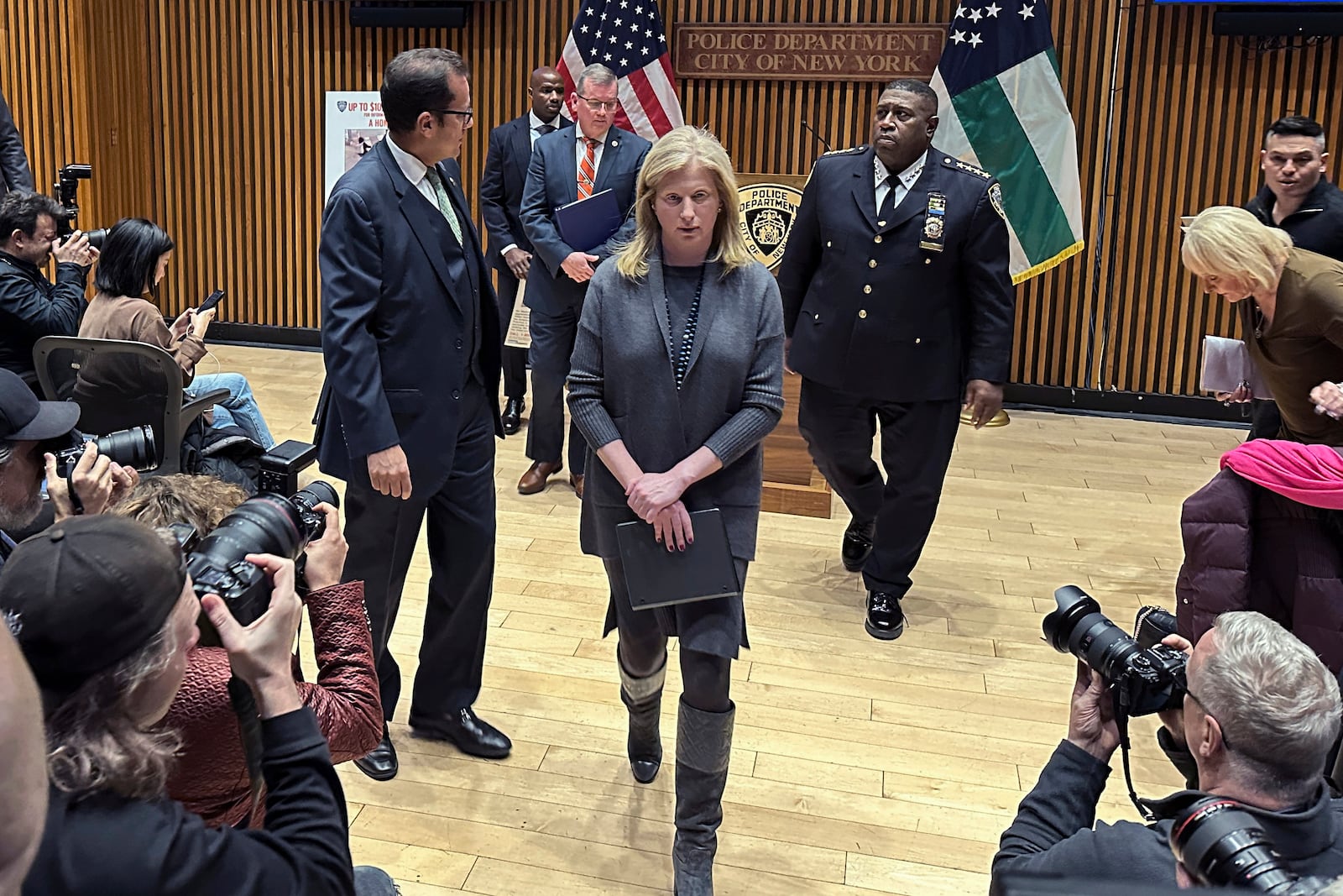 New York City Police Commissioner Jessica Tisch, leaves a news conference at police headquarters, Wednesday, Dec. 4, 2024, concerning the shooting death of UnitedHealthcare CEO Brian Thompson outside a New York hotel. (AP Photo/Ted Shaffrey)