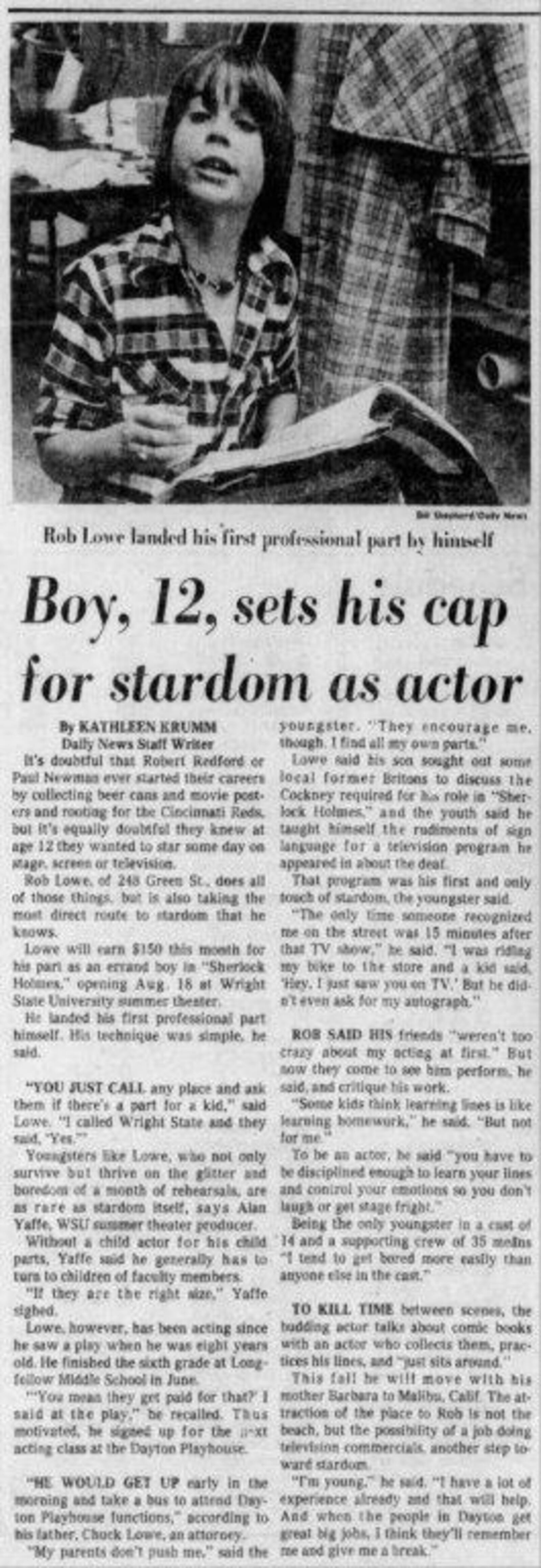 A story about Rob Lowe in the Dayton Daily News on Aug. 14, 1976.