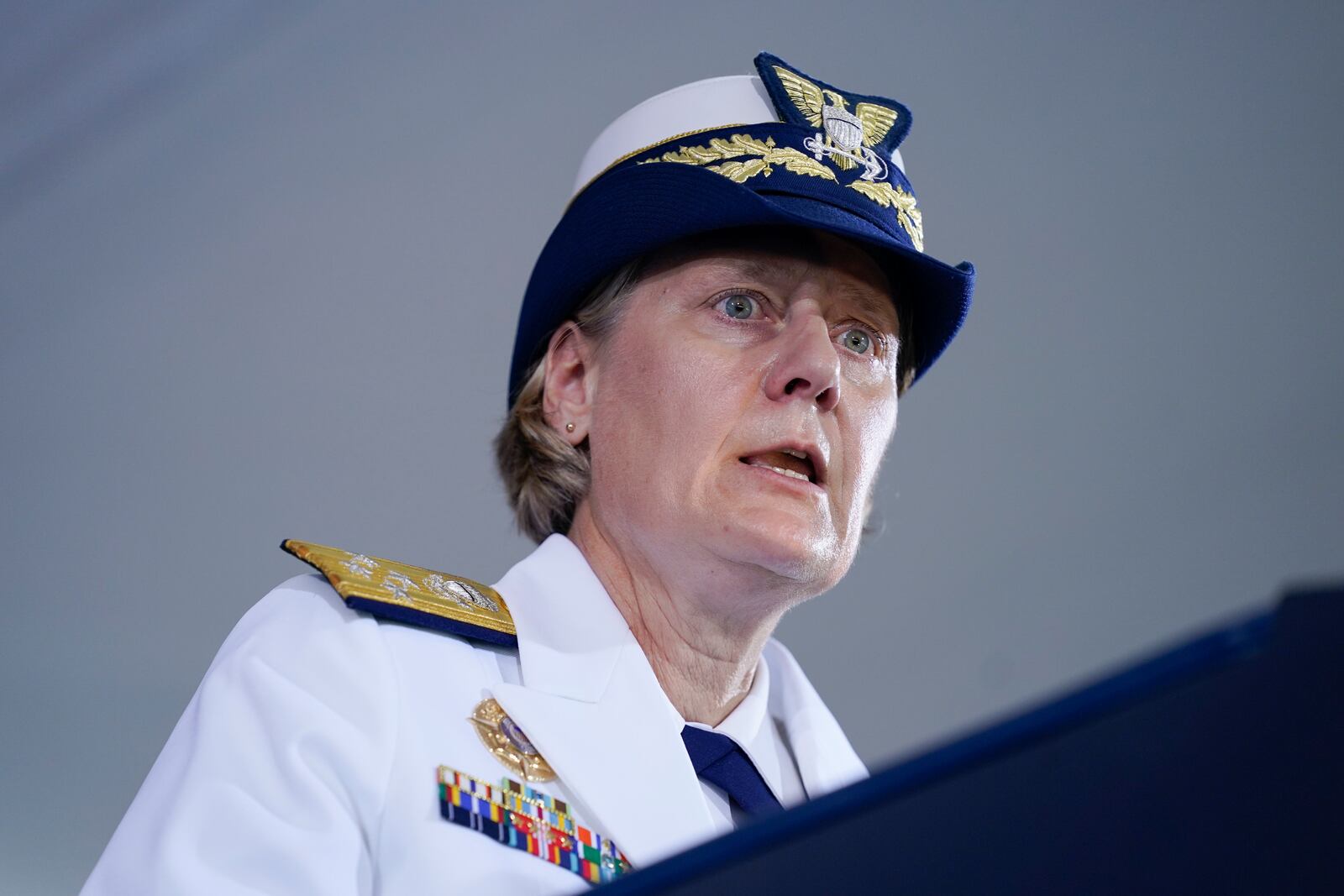 FILE - Adm. Linda Fagan, Commandant of the U.S. Coast Guard, speaks during a change of command ceremony at U.S. Coast Guard headquarters, in Washington, June 1, 2022. (AP Photo/Evan Vucci, File)