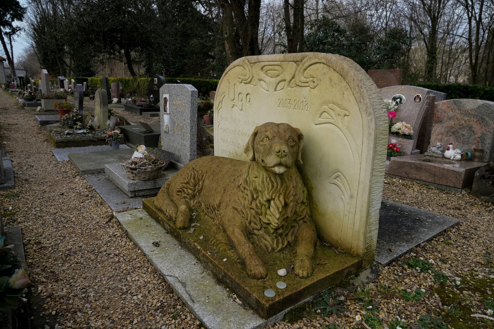 A grave for a dog named "Ugo" is seen at the pet cemetery of Asnieres-sur-Seine, west of Paris, Friday, Feb. 21, 2025. (AP Photo/Michel Euler)