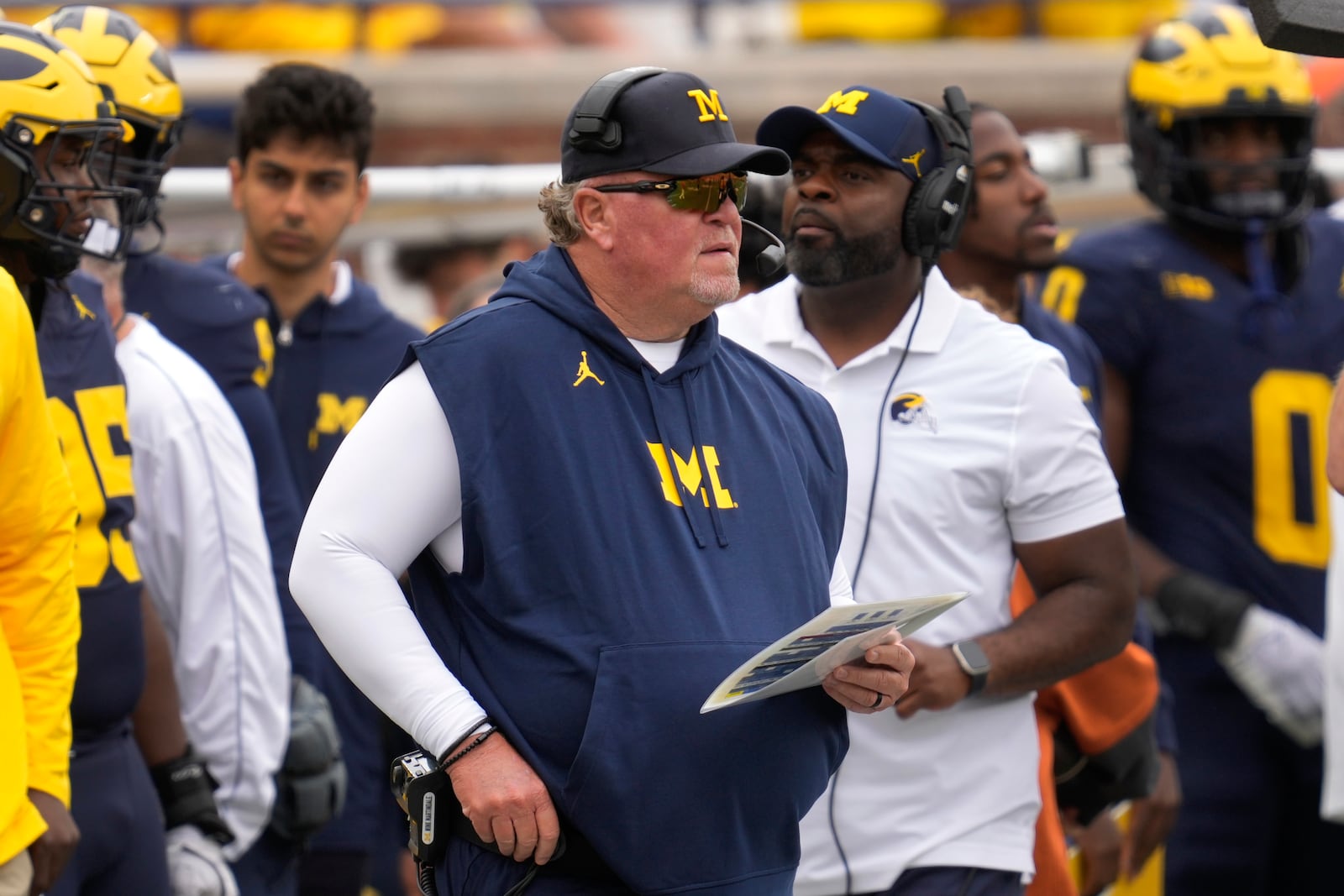 Michigan defensive coordinator Wink Martindale watches against Texas in the second half of an NCAA college football game in Ann Arbor, Mich., Saturday, Sept. 7, 2024. (AP Photo/Paul Sancya)