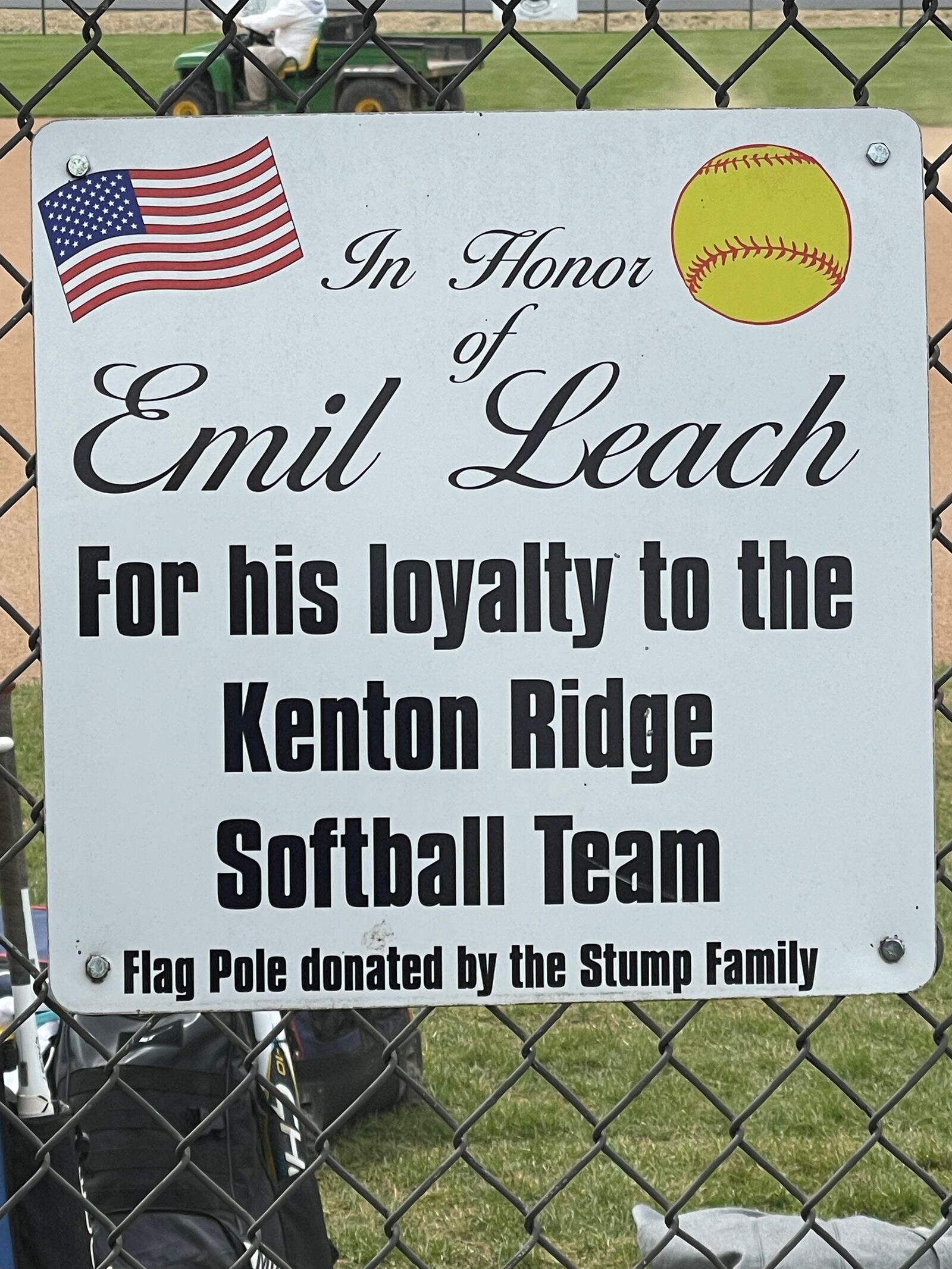 A sign honoring Emil Leach at the Kenton Ridge softball field in the spring of 2023. Contributed photo