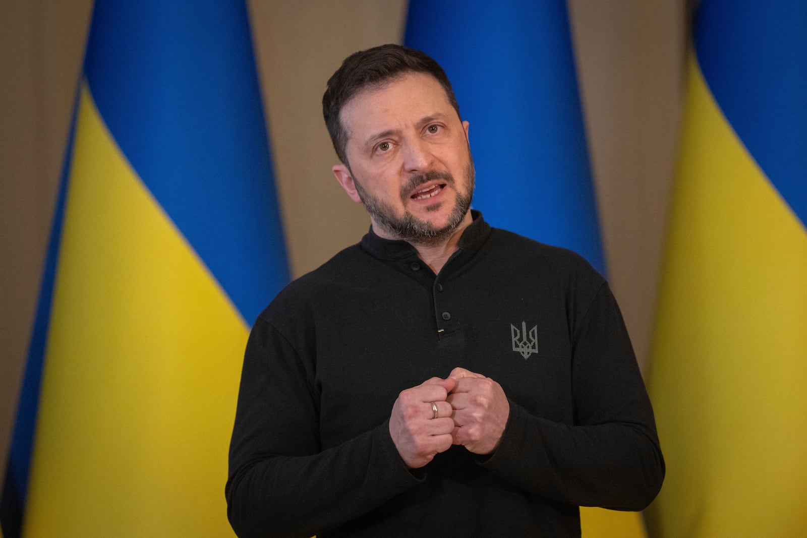 Ukrainian President Volodymyr Zelenskyy speaks during the briefing in Kyiv, Ukraine, Wednesday, March 12, 2025. (AP Photo/Efrem Lukatsky)