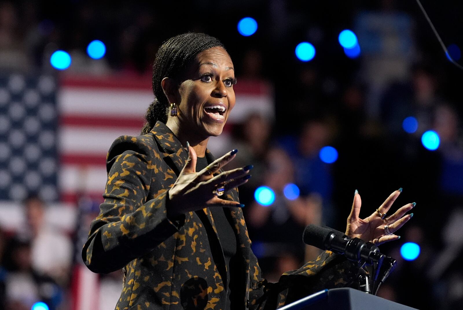 Former first lady Michelle Obama speaks at a campaign rally for democratic presidential nominee Vice President Kamala Harris at the Wings Event Center, in Kalamazoo, Mich., Saturday, Oct. 26, 2024.(AP Photo/Jacquelyn Martin)