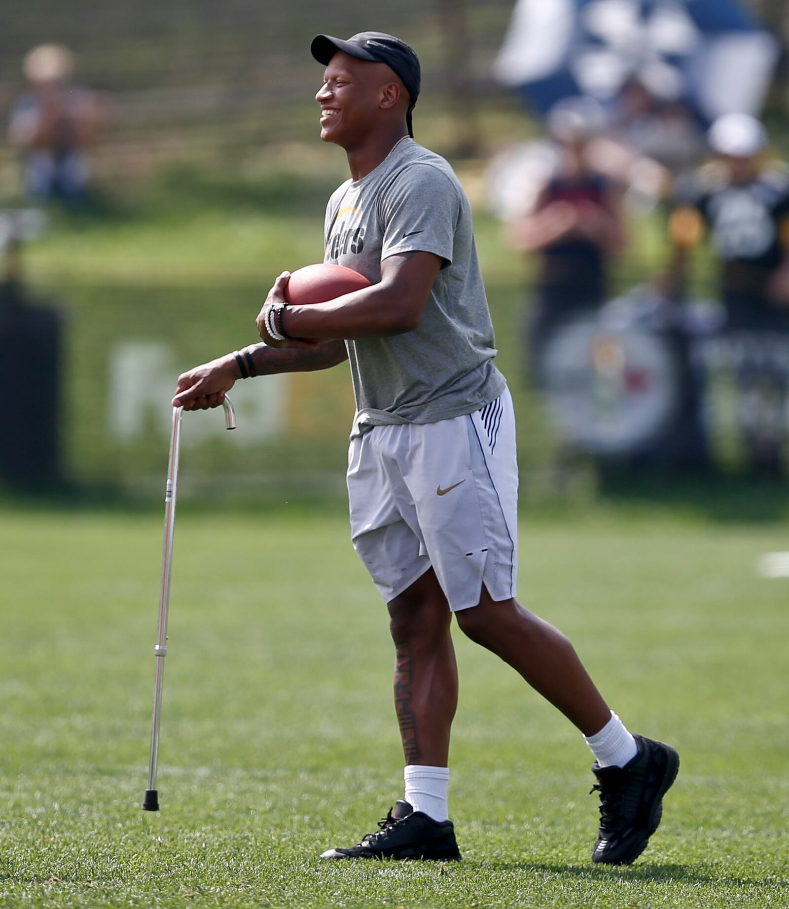 FILE - Injured Pittsburgh Steelers linebacker Ryan Shazier uses a cane at practice during NFL football training camp in Latrobe, Pa., Friday, July 27, 2018. Shazier announced his retirement on Wednesday, Sept. 9, 2020, nearly three years after a severe spinal injury forced the two-time Pro Bowler to put his career on hold. The 28-year-old said in a social media post that while he still loves the game, it is time to get on to the next chapter in his life (AP Photo/Keith Srakocic, File)