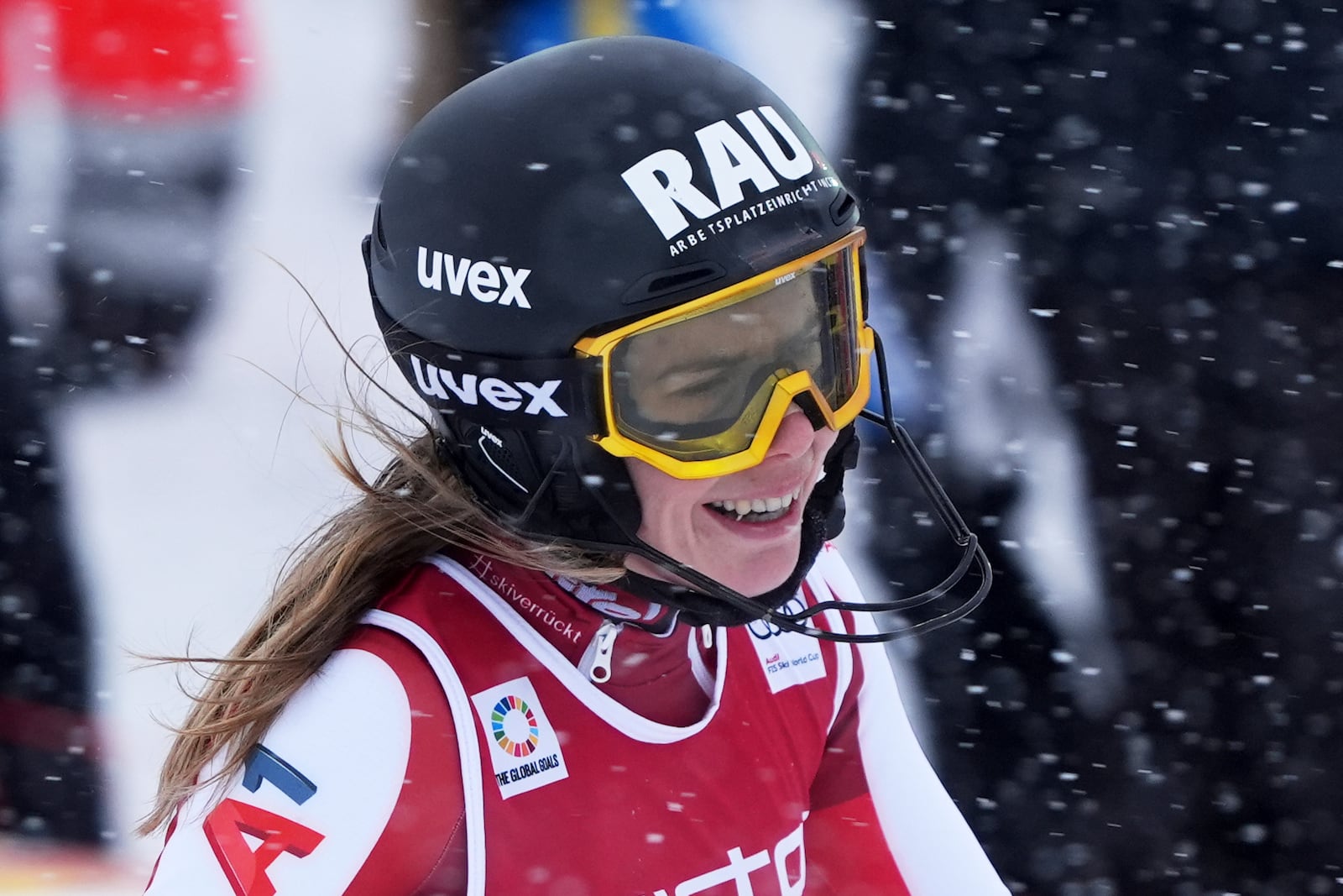 Austria's Katharina Liensberger reacts after completing an alpine ski, women's World Cup slalom in Are, Sweden, Sunday, March 9, 2025. (AP Photo/Giovanni Auletta)