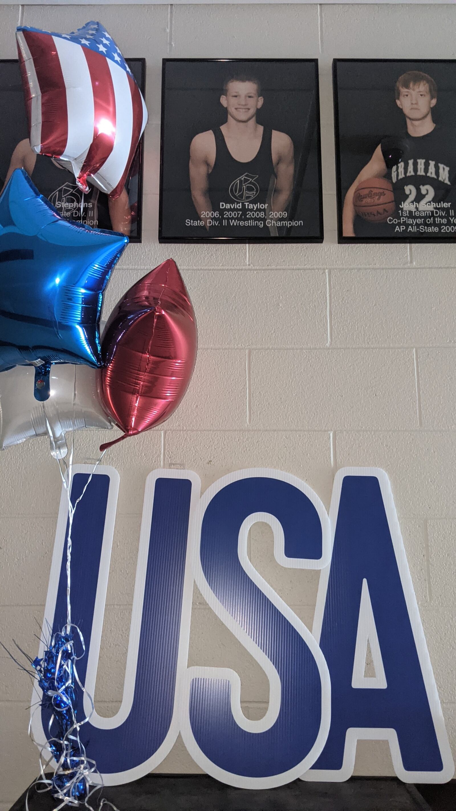 Balloons decorate a photo of David Taylor at Graham High School in St. Paris. Contributed photo by Joycelyn Kastl