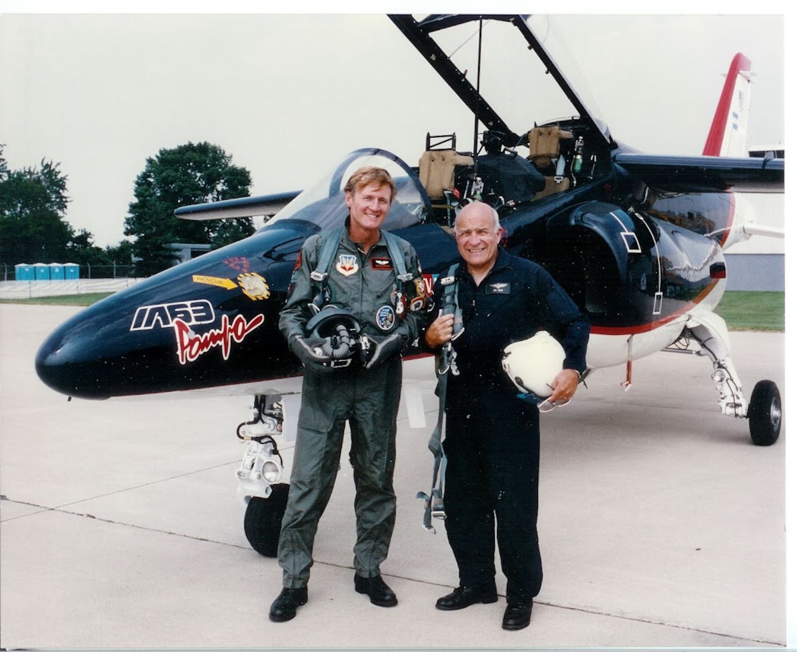 Jim Baldridge, then an anchor for WHIO-TV, after landing a jet trainer at the Dayton Air Show "under very close adult supervision." Contributed.