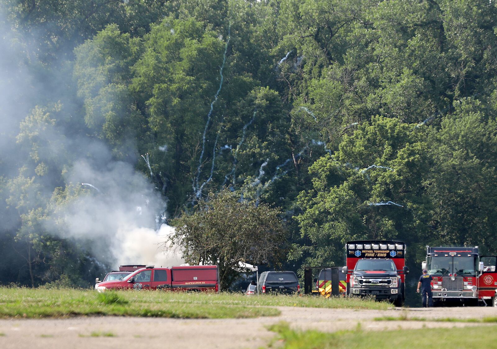 The Dayton Regional Bomb Squad and the Bethel Twp. Fire Department burned the confiscated fireworks from a house in Park Layne that was destroyed by fire Saturday. The fireworks were taken Wednesday to the Southwest District Water Treatment Plant where they could be burned without any individuals getting hurt. BILL LACKEY / STAFF