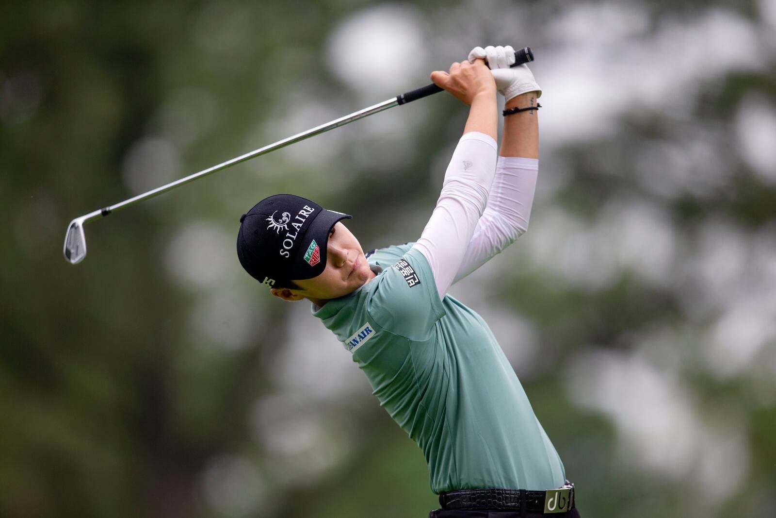 FILE - In this  Sunday, June 23, 2019 file photo, Sung Hyun Park of South Korea tees off on the fourth hole during the final round of the KPMG Women's PGA Championship golf tournament in Chaska, Minn. Park is making her first start of the LPGA Tour season this week at the ANA Inspiration in California.  (AP Photo/Andy Clayton-King, File)