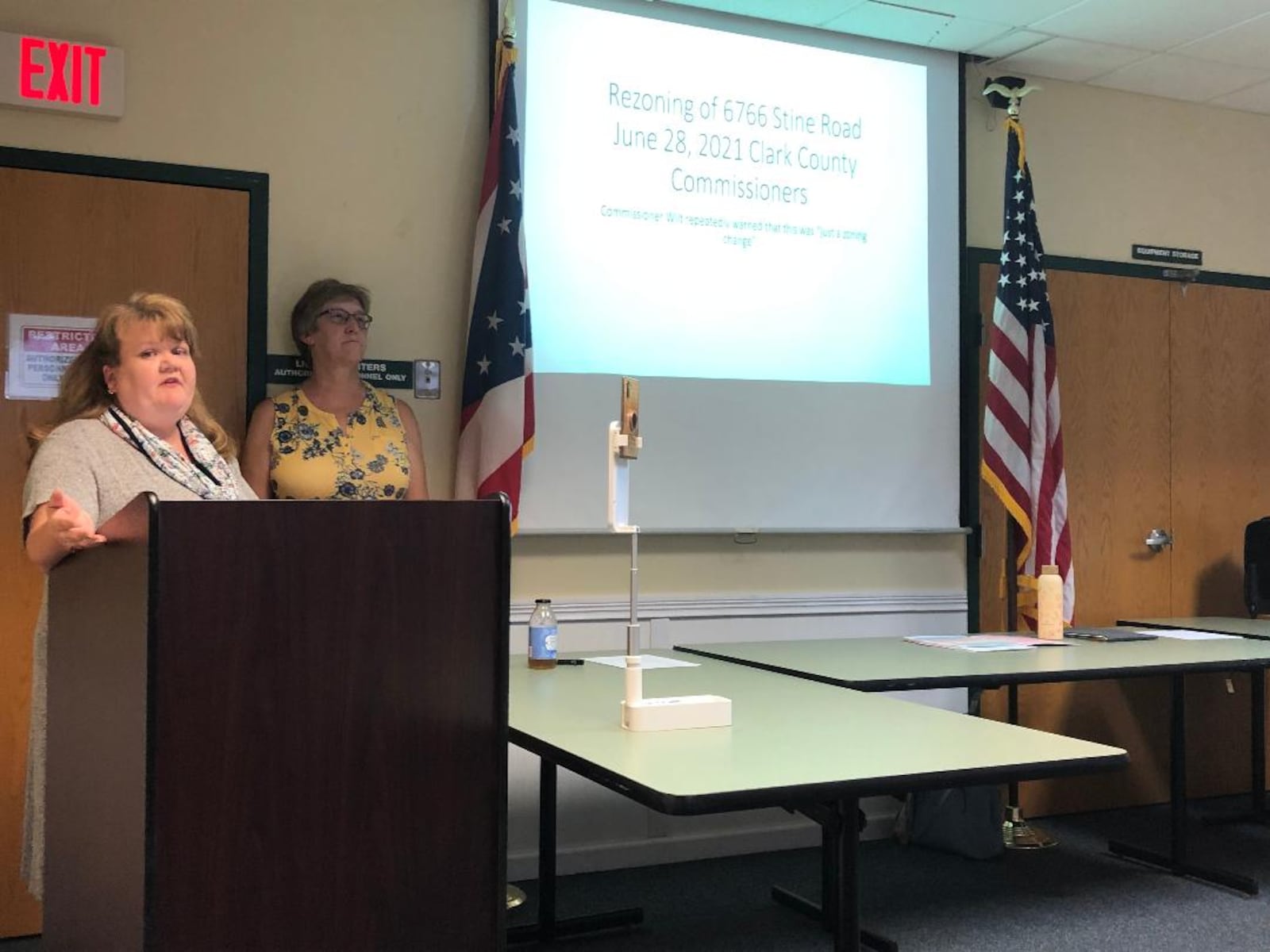 Kathleen Baber, left, and Kathy Voytko led a meeting of more than 60 Mad River Township residents in Enon in July to discuss concerns about an approved rezoning for a proposed subdivision. Photo by Brett Turner