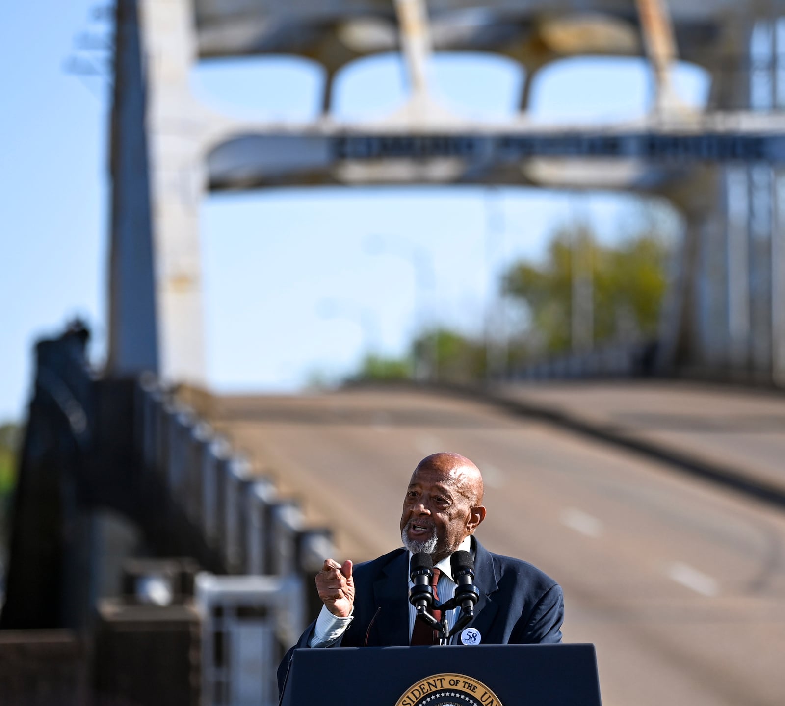 FILE - Selma civil rights foot soldier Charles Mauldin introduces President Joe Biden to speak near the Edmund Pettus Bridge in Selma, Ala., Sunday, March 5, 2023, during an event to commemorate the 58th anniversary of "Bloody Sunday," a landmark event of the civil rights movement. (AP Photo/Julie Bennett, File)