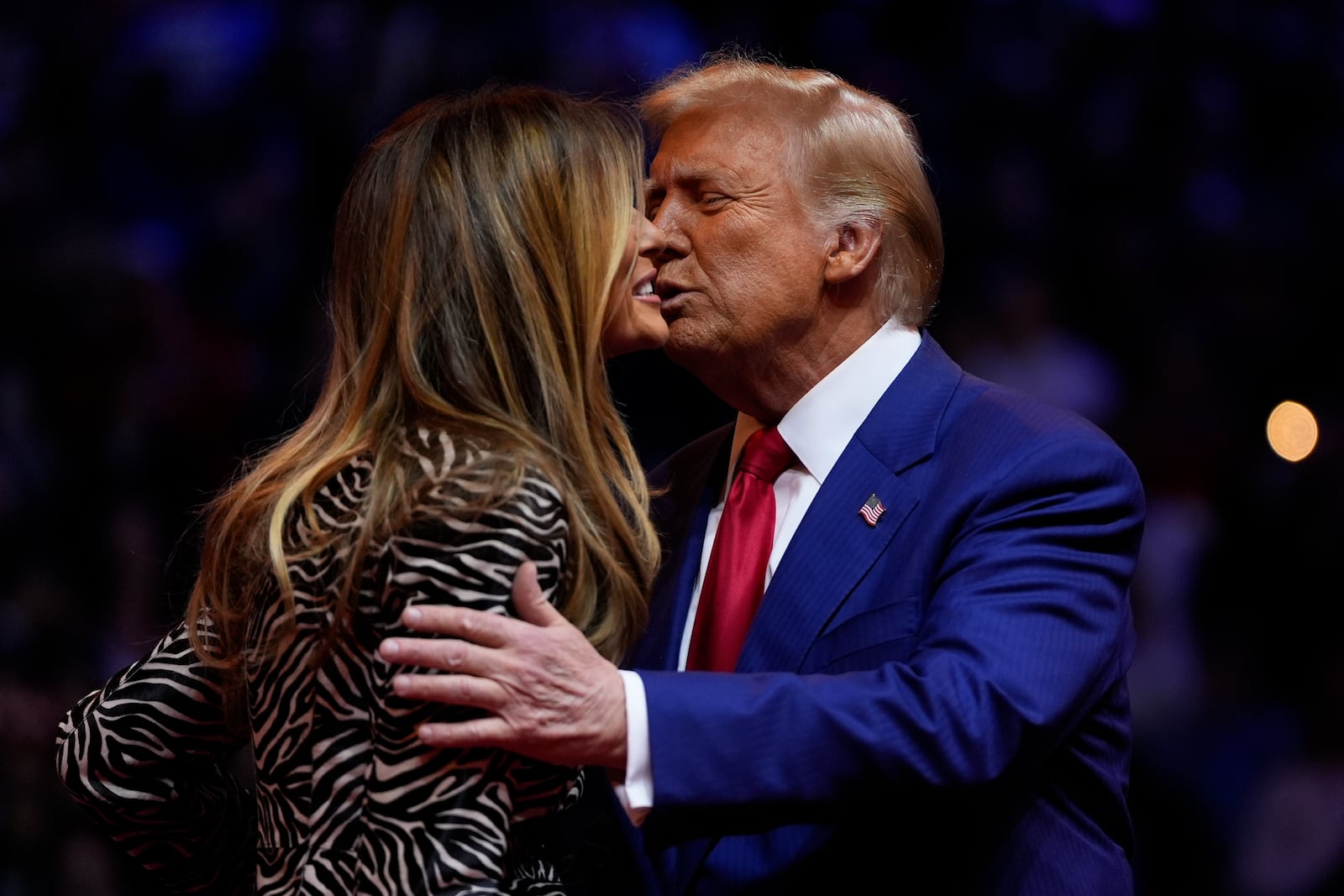 Republican presidential nominee former President Donald Trump greets former first lady Melania Trump during a campaign rally at Madison Square Garden, Sunday, Oct. 27, 2024, in New York. (AP Photo/Julia Demaree Nikhinson)