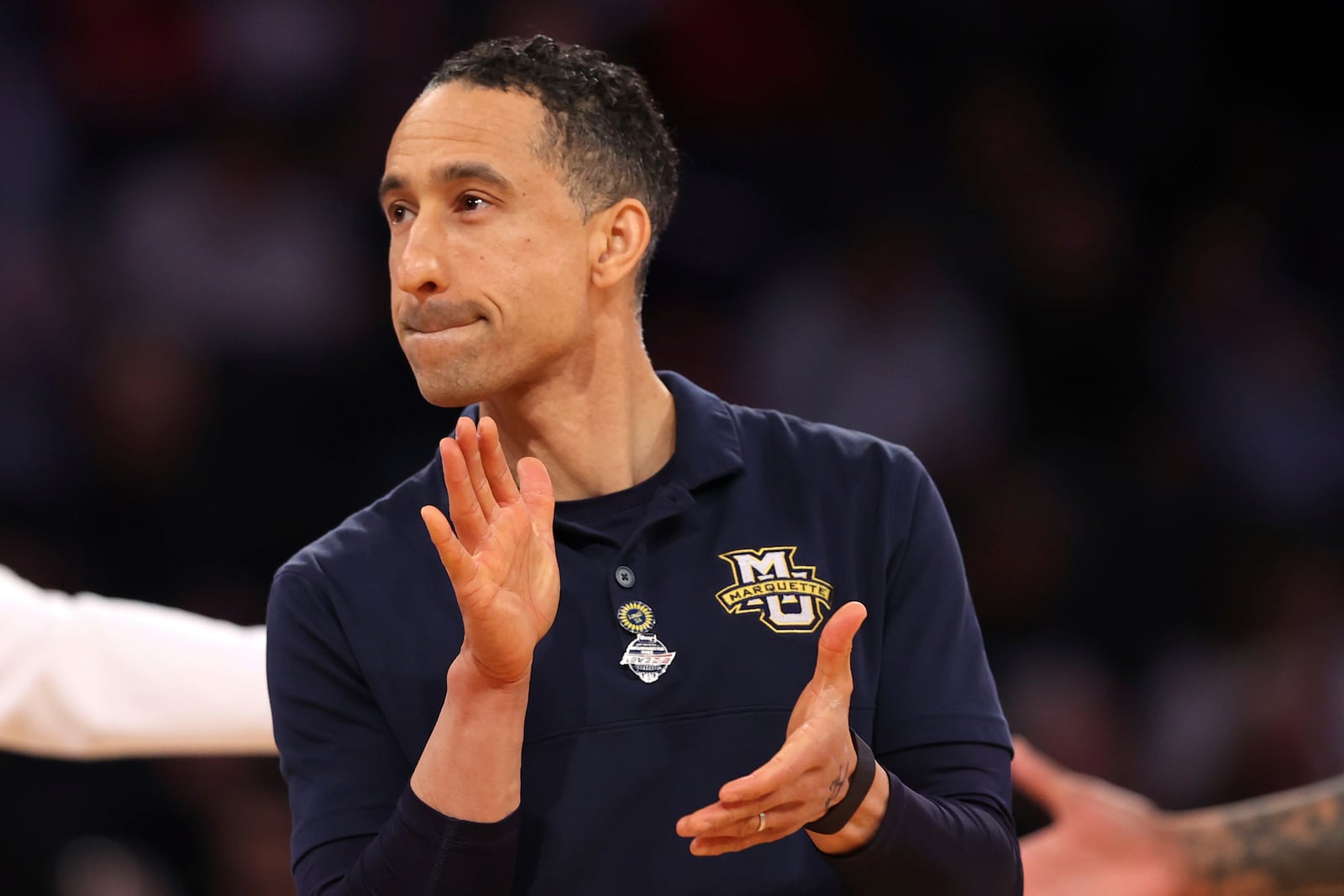 Marquette head coach Shaka Smart reacts during the first half of an NCAA college basketball game against Xavier in the quarterfinals of the Big East Conference tournament, Thursday, March 13, 2025, in New York. (AP Photo/Pamela Smith)