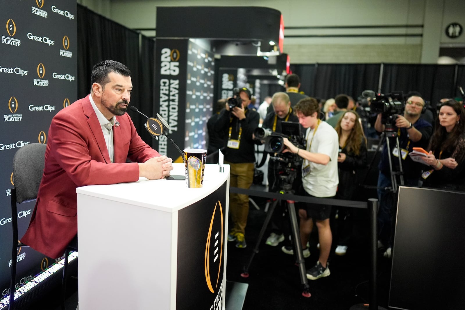 Ohio State head coach Ryan Day talks during media day ahead of the national championship NCAA College Football Playoff game between Ohio State and Notre Dame Saturday, Jan. 18, 2025, in Atlanta. The game will be played on Monday. (AP Photo/Chris Carlson)