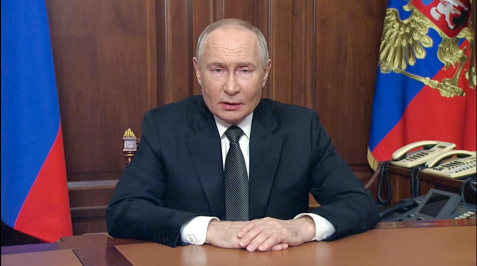 In this image made from video released by the Russian Presidential Press Service, Russian President Vladimir Putin addressees the nation at the Kremlin in Moscow, Russia, Thursday, Nov. 21, 2024. (Russian Presidential Press Service via AP)