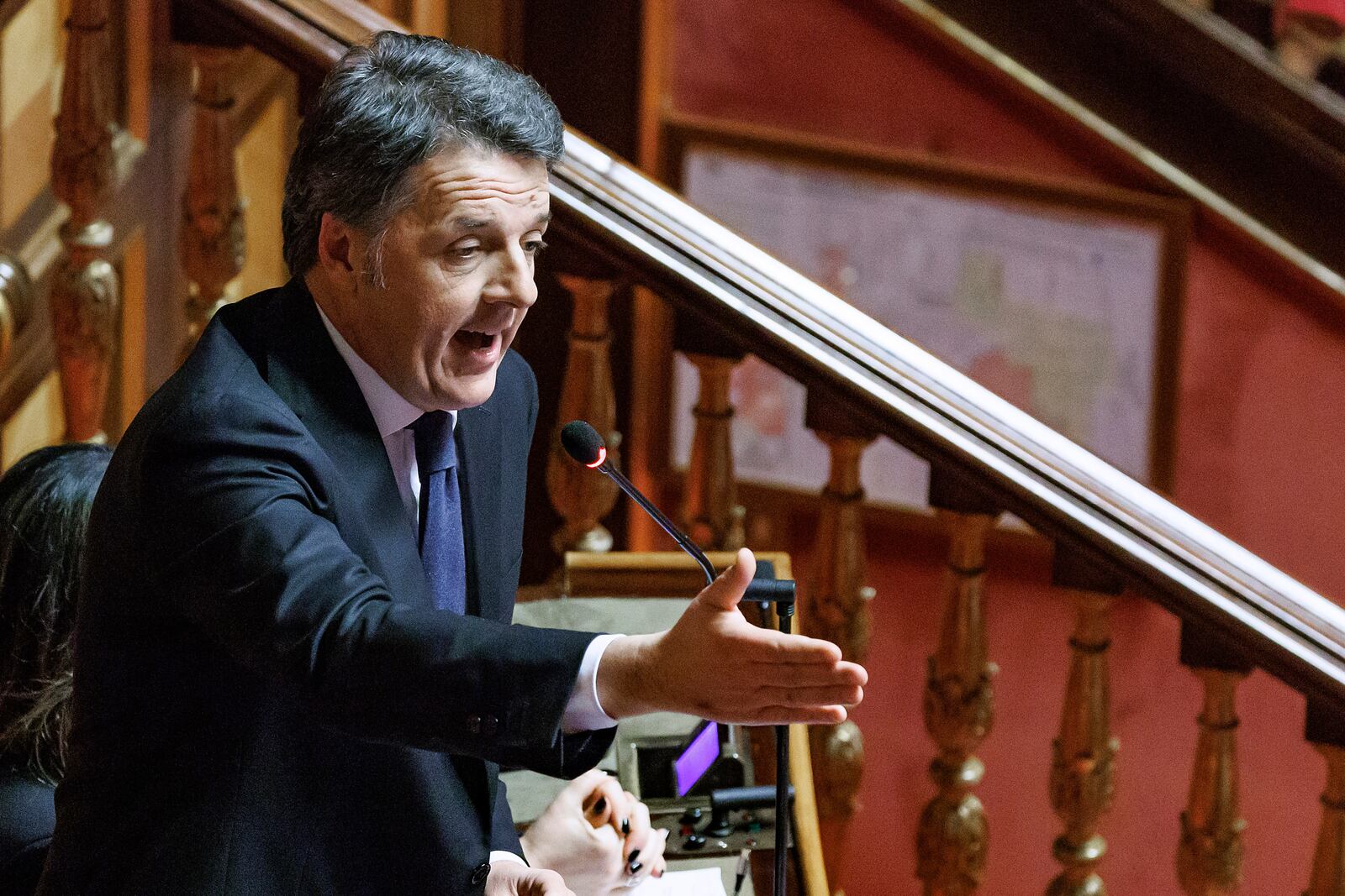 Former Prime Minister Matteo Renzi makes his remarks during Justice Minister Carlo Nordio's appearance at the Senate for the report on the justice administration, in Rome, Wednesday, Jan. 22, 2025. (Roberto Monaldo//LaPresse via AP)