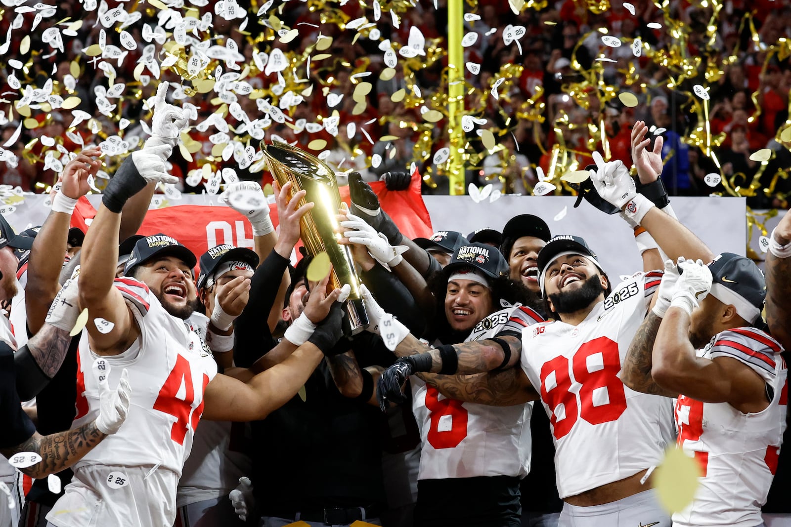 Ohio State celebrates after their win against Notre Dame in the College Football Playoff national championship game Monday, Jan. 20, 2025, in Atlanta. (AP Photo/Butch Dill)