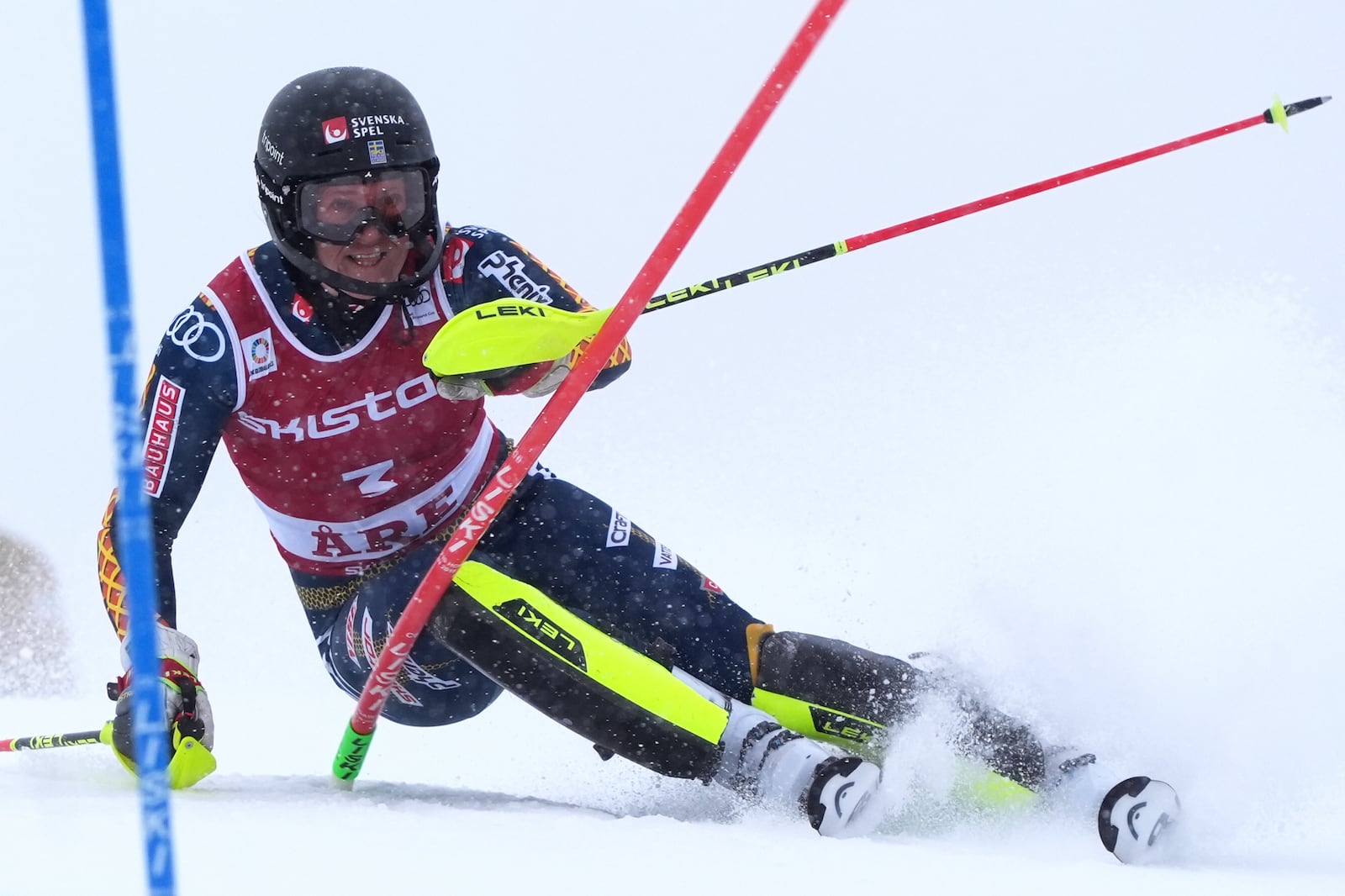 Sweden's Sara Hector speeds down the course during an alpine ski, women's World Cup slalom in Are, Sweden, Sunday, March 9, 2025. (AP Photo/Giovanni Auletta)