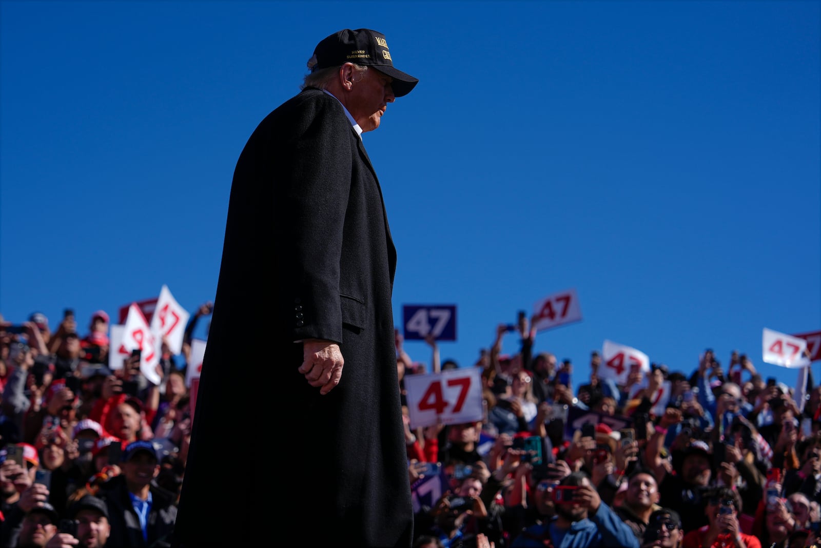 Republican presidential nominee former President Donald Trump arrives at a campaign rally at Albuquerque International Sunport, Thursday, Oct. 31, 2024, in Albuquerque, N.M. (AP Photo/Julia Demaree Nikhinson)