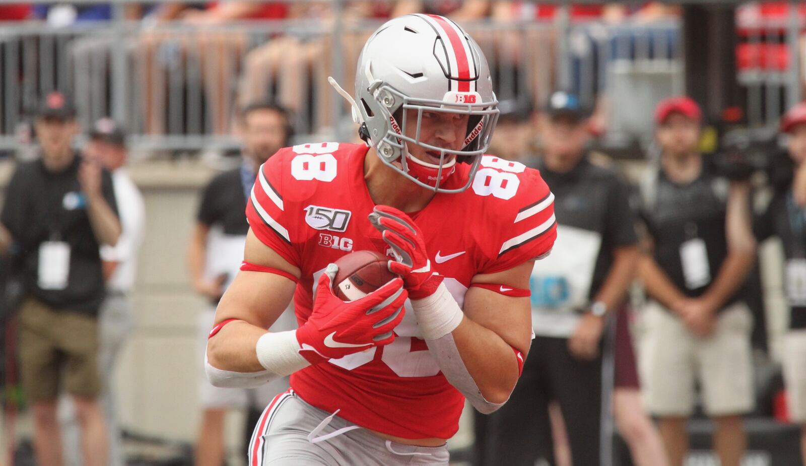 Ohio State tight end Jeremy Ruckert celebrates a touchdown in the first quarter against Florida Atlantic on Saturday, Aug. 31, 2019, at Ohio Stadium in Columbus. David Jablonski/Staff