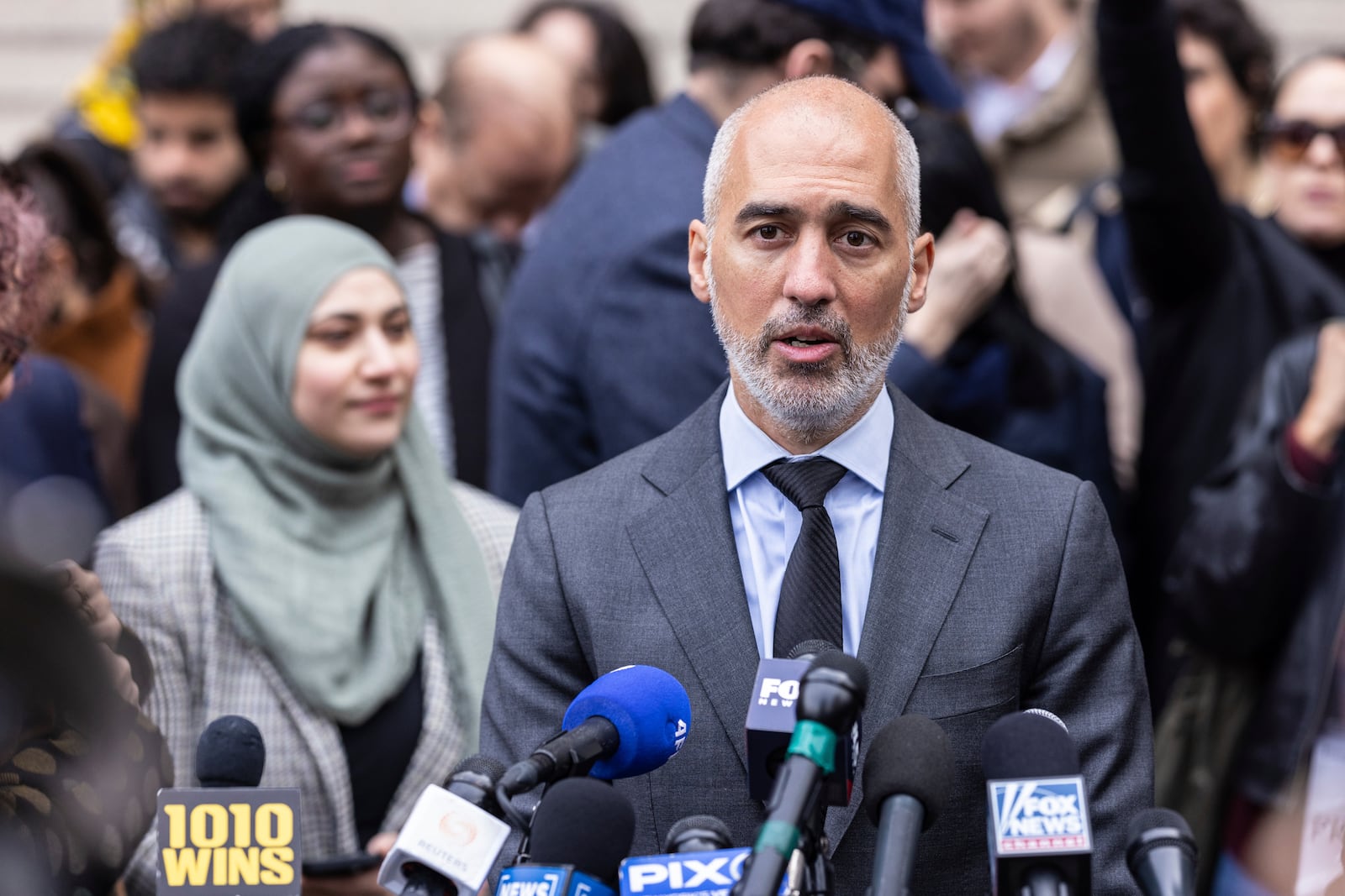 Professor of Law and Founding Director of CLEAR at the City University of New York, Ramzi Kassem speaks to the media after attending a hearing in Manhattan federal court addressing the deportation case of Mahmoud Khalil, Wednesday, March 12, 2025, in New York. (AP Photo/Stefan Jeremiah)