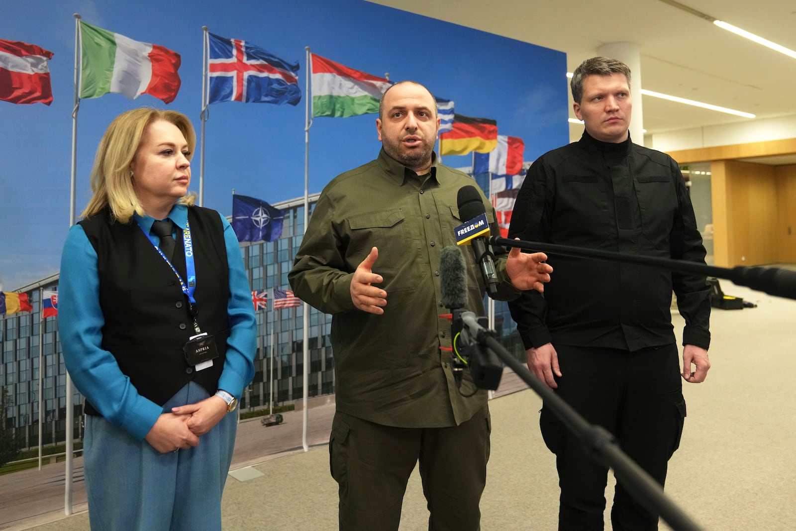 FILE - Ukraine's Defense Minister Rustem Umerov, center, speaks at a news conference after a meeting of the Ukraine Defense Contact group at NATO headquarters in Brussels, Wednesday, Feb. 12, 2025. (AP Photo/Virginia Mayo, File)