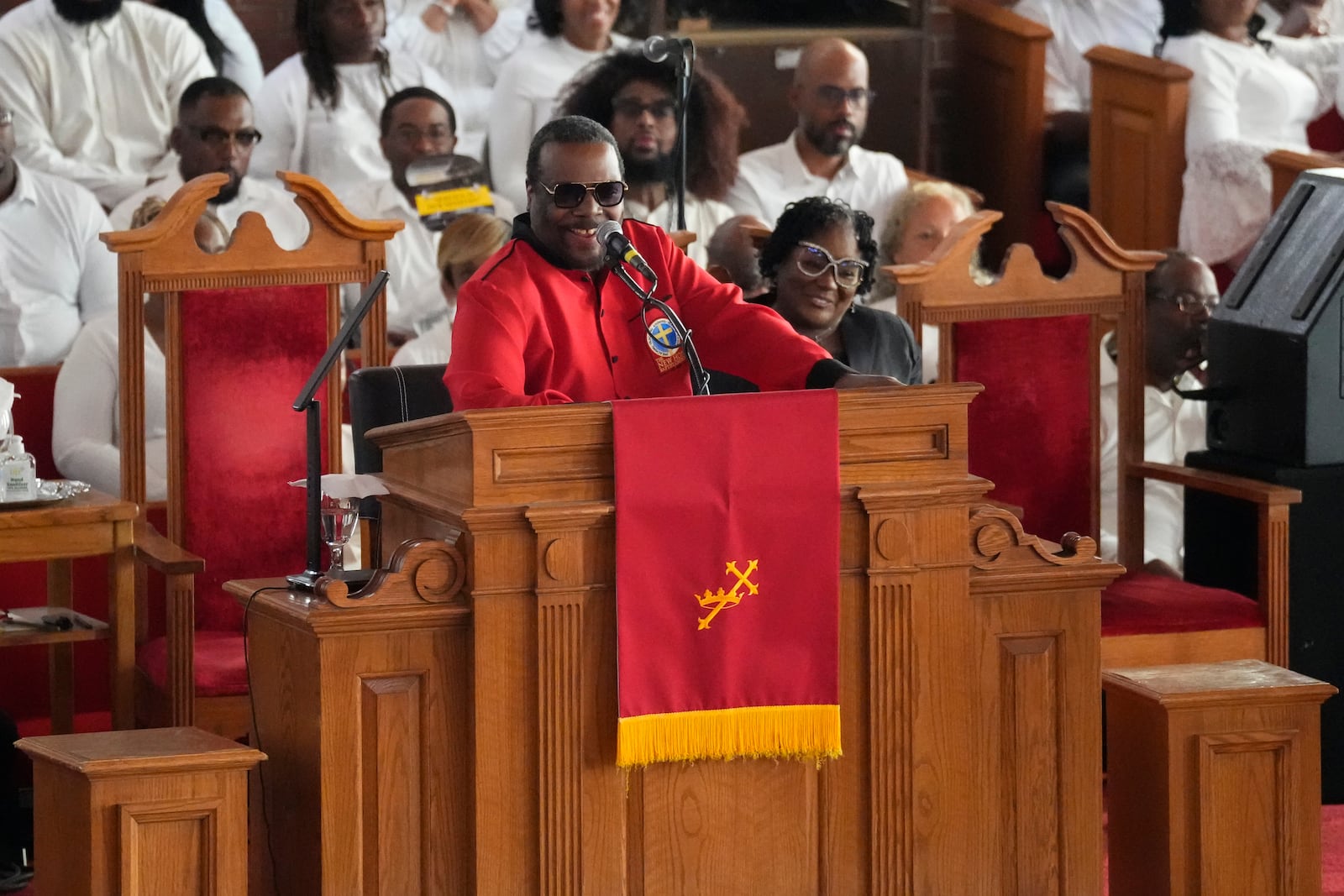 Pastor Joe A. Carter speaks during a ceremony celebrating the life of Cissy Houston on Thursday, Oct. 17, 2024, at the New Hope Baptist Church in Newark, N.J. (Photo by Charles Sykes/Invision/AP)