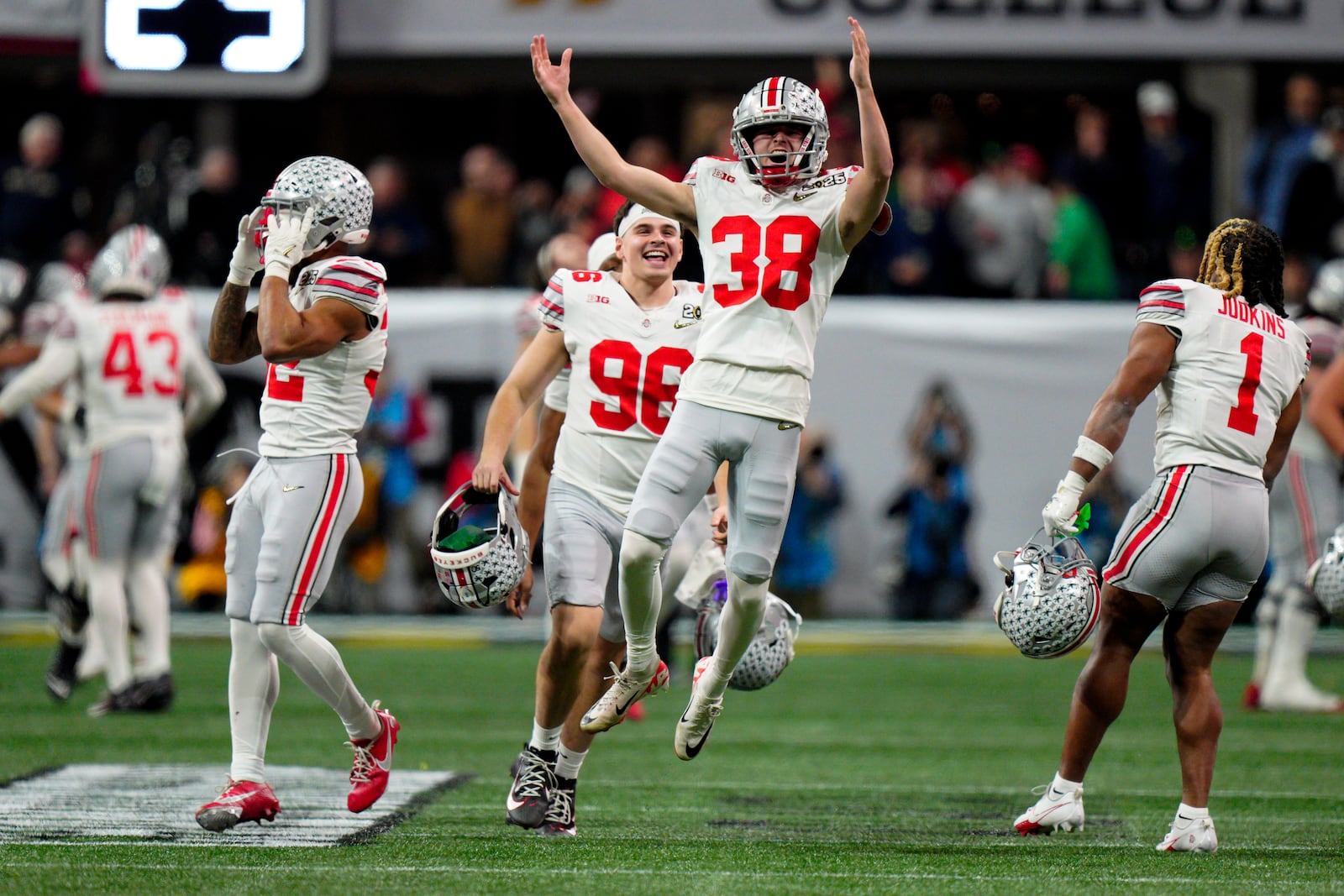 Ohio State place kicker Jayden Fielding celebrates after a field goal against Notre Dame during second half of the College Football Playoff national championship game Monday, Jan. 20, 2025, in Atlanta. (AP Photo/Jacob Kupferman)