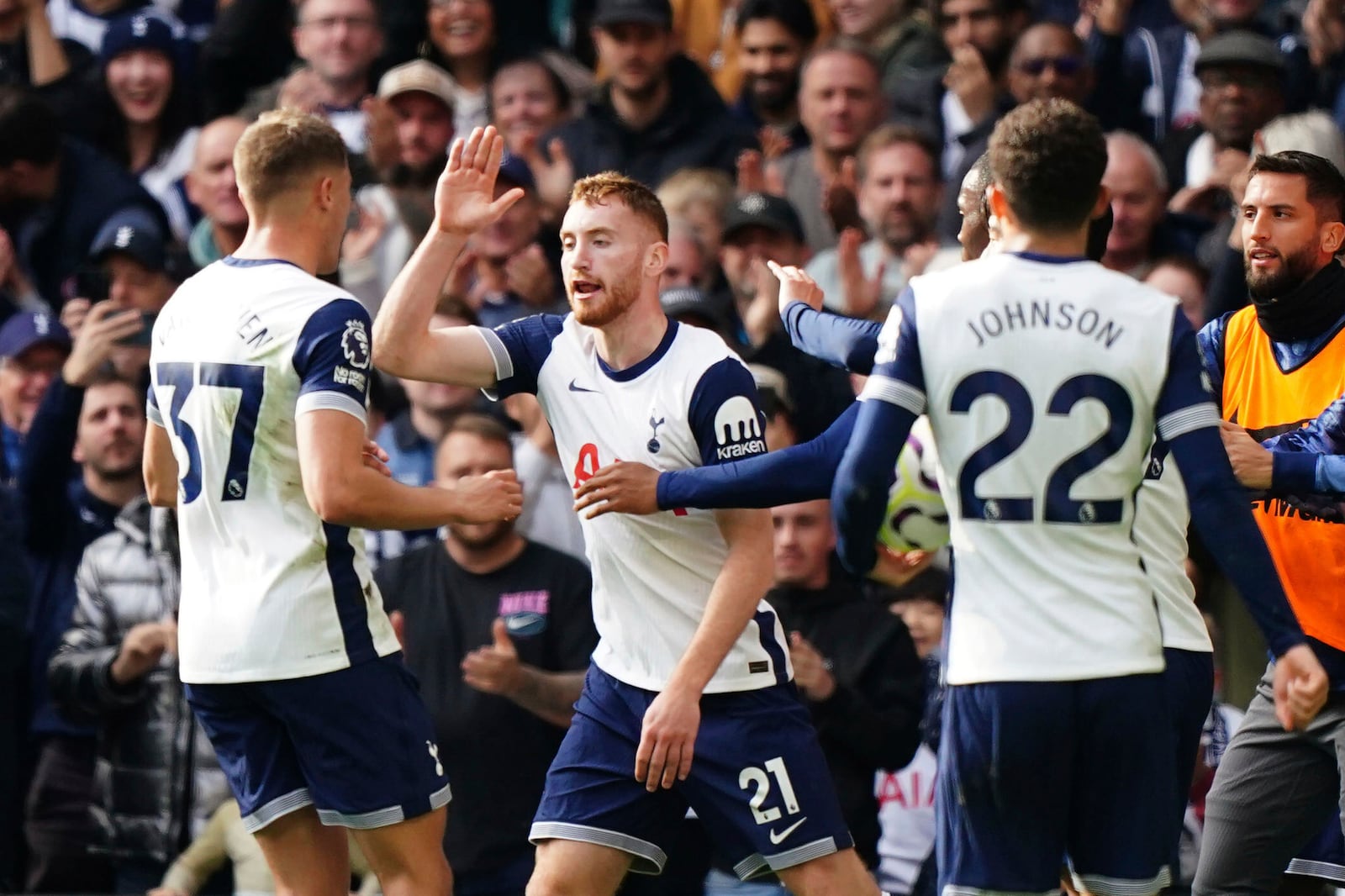 Tottenham Hotspur's Dejan Kulusevski, center, celebrates scoring with teammates during the English Premier League soccer match between Tottenham Hotspur and West Ham United at the Tottenham Hotspur Stadium, London, Saturday Oct. 19, 2024. (Zac Goodwin/PA via AP)