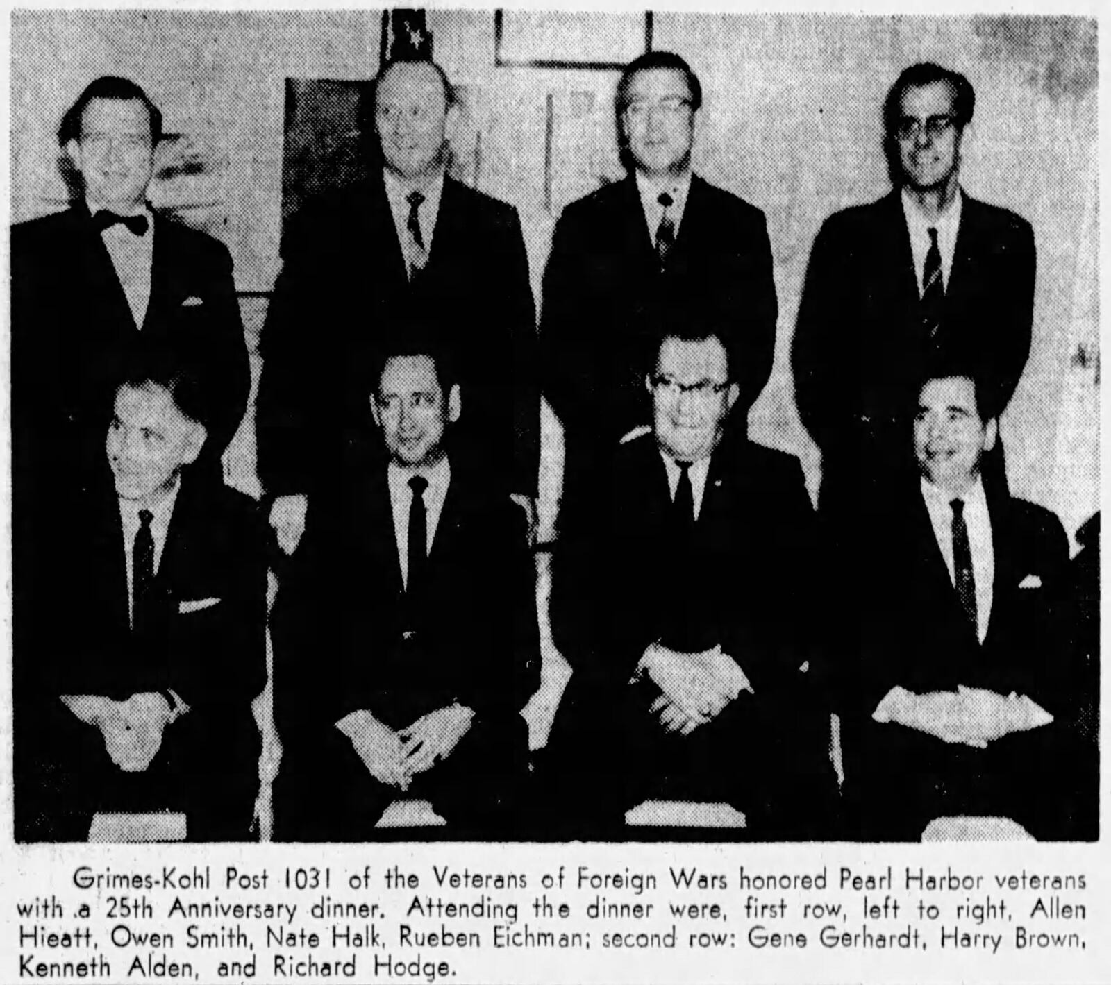 Pearl Harbor veterans first row, left to right, Allen Hieatt, Owen Smith, Nate Halk, Rueben Eichman; second row: Gene Gerhardt, Harry Brown, Kenneth Alden and Richard Hodge. SPRINGFIELD NEWS SUN ARCHIVES