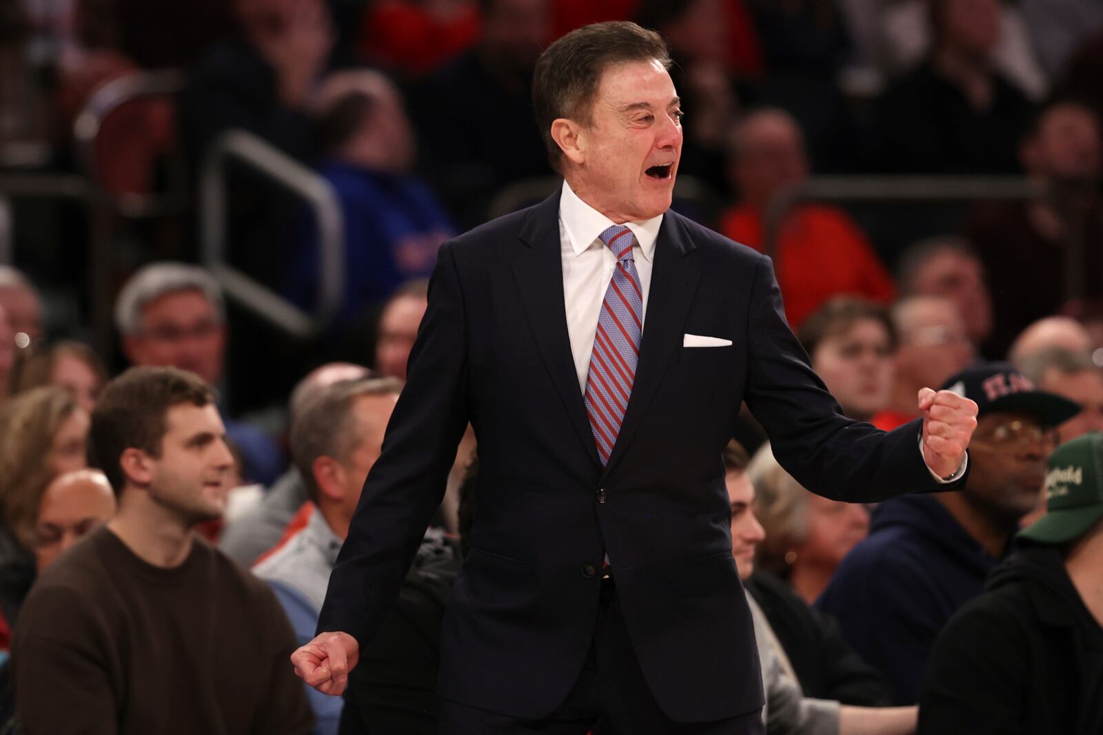 St. John's head coach Rick Pitino yells on the court during the second half of an NCAA college basketball game against Providence Saturday, Feb. 1, 2025, in New York. (AP Photo/Pamela Smith)