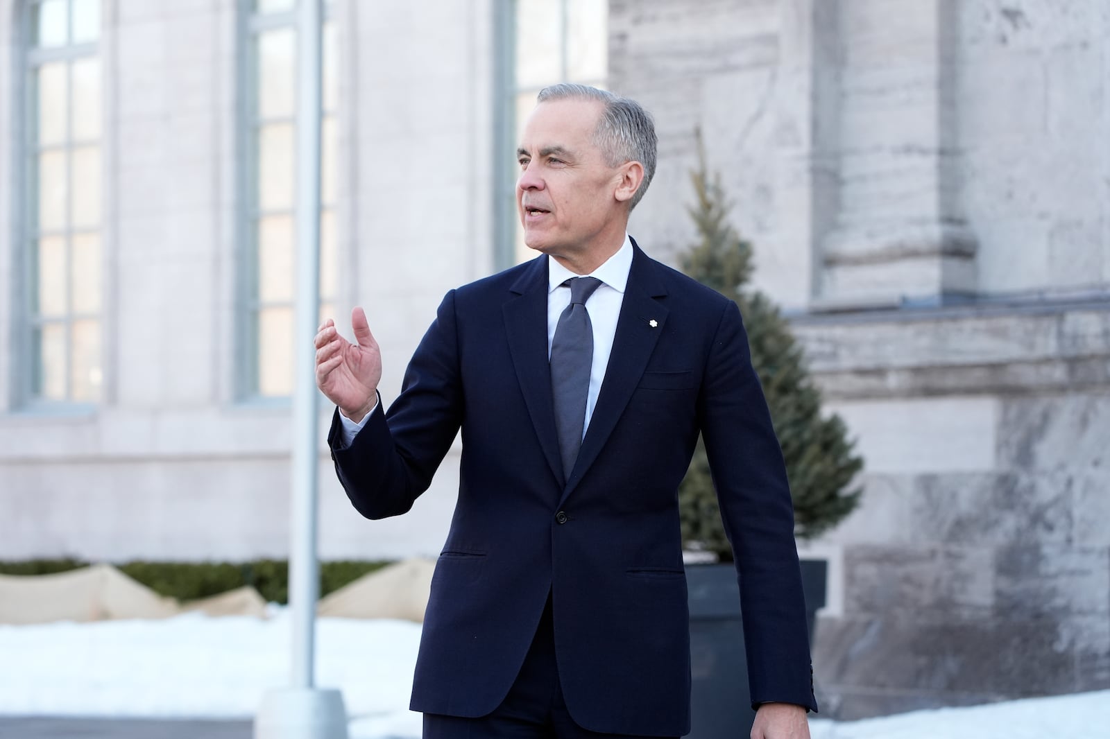 Prime minister-designate Mark Carney arrives for a swearing in ceremony at Rideau Hall in Ottawa on Friday, March 14, 2025. (Adrian Wyld /The Canadian Press via AP)