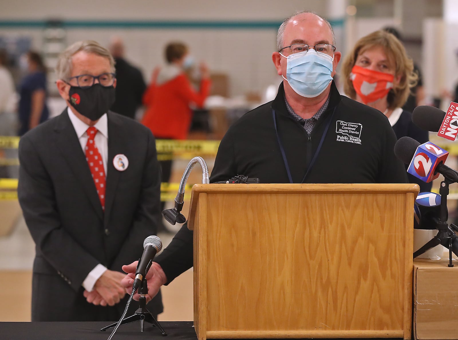 Clark County Health Commissioner Charles Patterson speaks to the media after giving Governor Mike DeWine and his wife, Fran, a tour of the Clark County COVID vaccine distribution center at the Upper Valley Mall Thursday. BILL LACKEY/STAFF