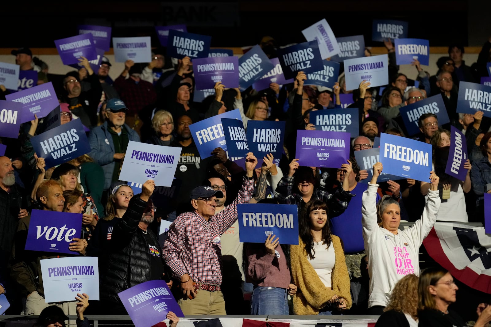 Supporters cheer as Sen. John Fetterman, D-Pa., arrives to speak at a campaign rally for Democratic presidential nominee Vice President Kamala Harris at Erie Insurance Arena, in Erie, Pa., Monday, Oct. 14, 2024. (AP Photo/Jacquelyn Martin)