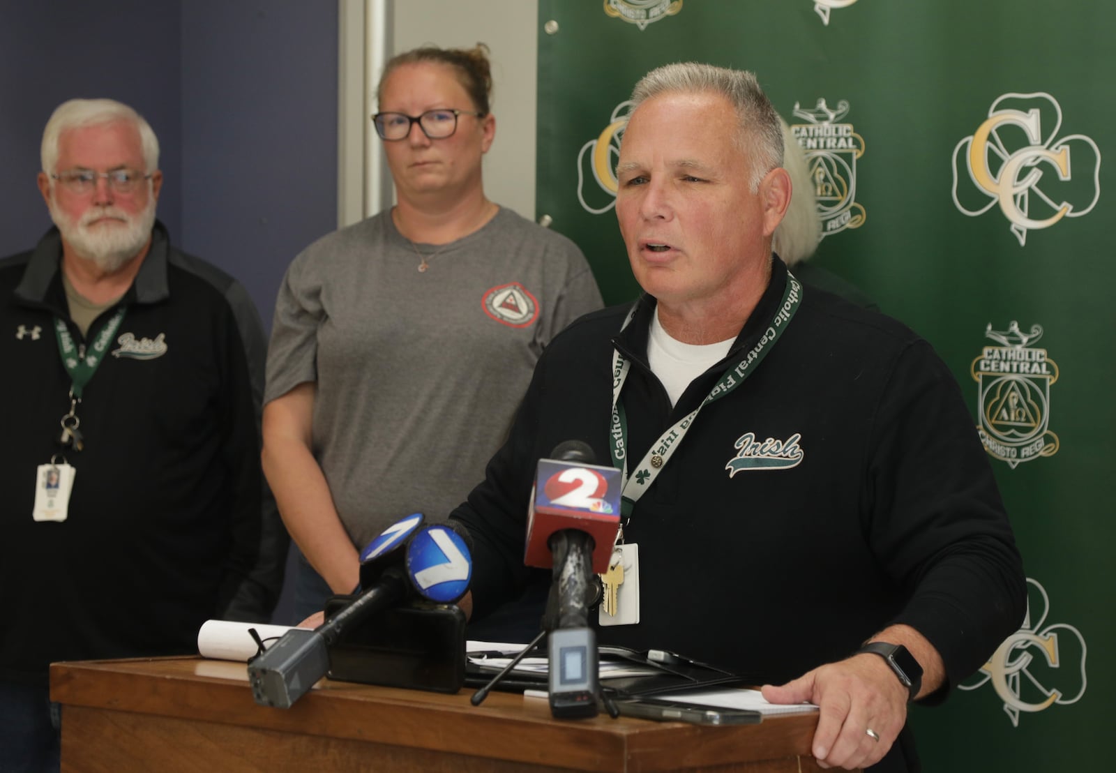 Mike Raiff, president of Catholic Central School, talks about what an excellent job his staff and the Springfield Police Division did during the active shooter false alarm Friday, Sept. 23, 2022. BILL LACKEY/STAFF