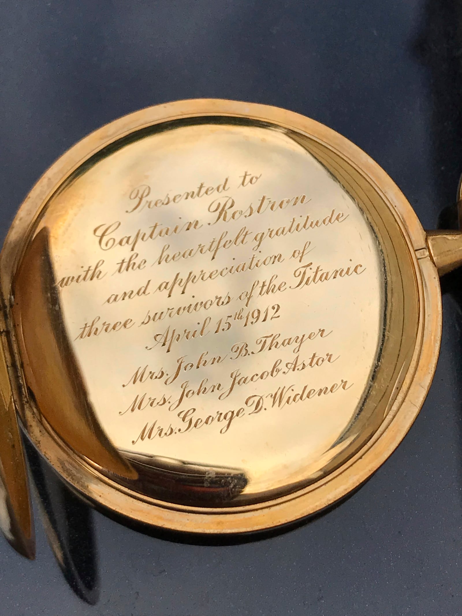 This undated photo made available by Henry Aldridge and Son shows a gold pocket watch that was given to Capt. Arthur Rostron, captain of RMS Carpathia that rescued 700 survivors of the Titanic. The watch sold at auction on Saturday Nov. 16, 2024 for nearly $2 million. (Andrew Aldridge/Henry Aldridge and Son via AP)