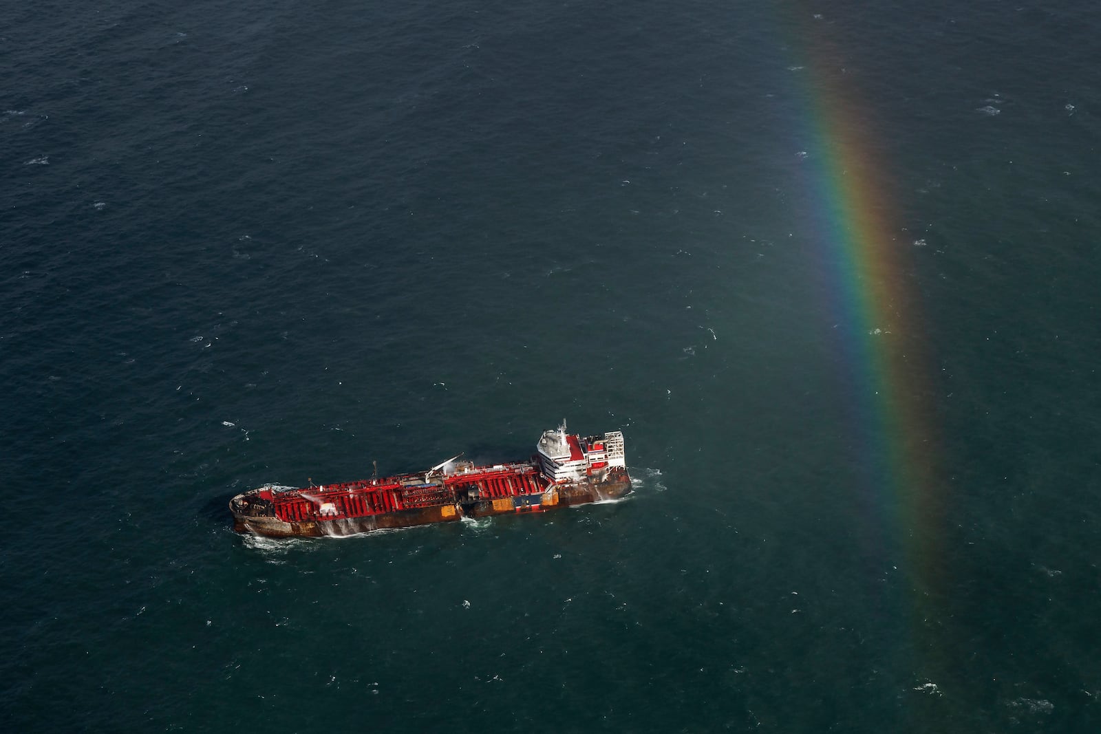 The damaged MV Stena Immaculate tanker at anchor off the Yorkshire coast in the North Sea, Tuesday, March 11, 2025 in England. (Dan Kitwood/Pool Photo via AP)