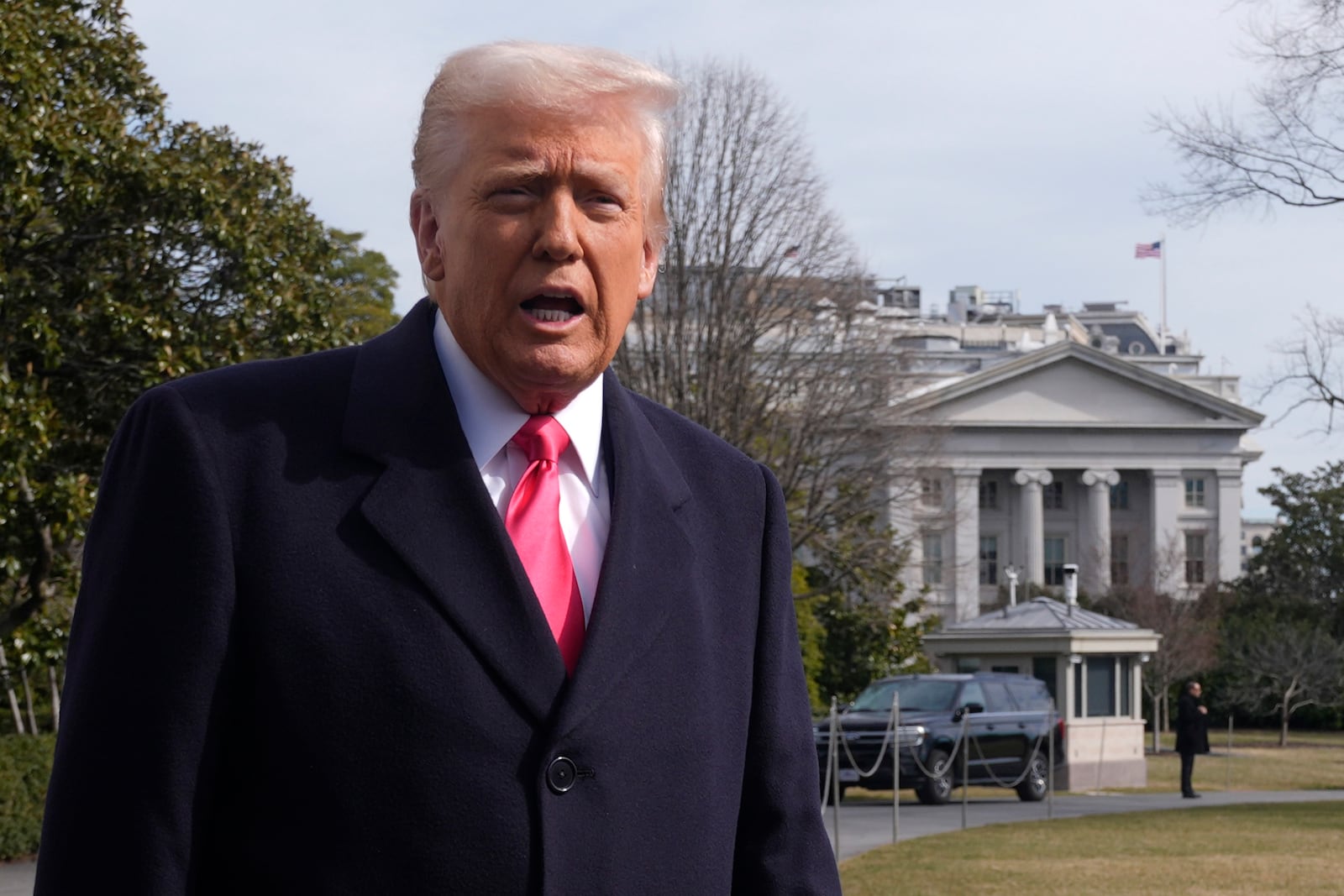 President Donald Trump speaks to reporters before departing the White House in Washington, Saturday, Feb. 22, 2025. (AP Photo/Manuel Balce Ceneta)