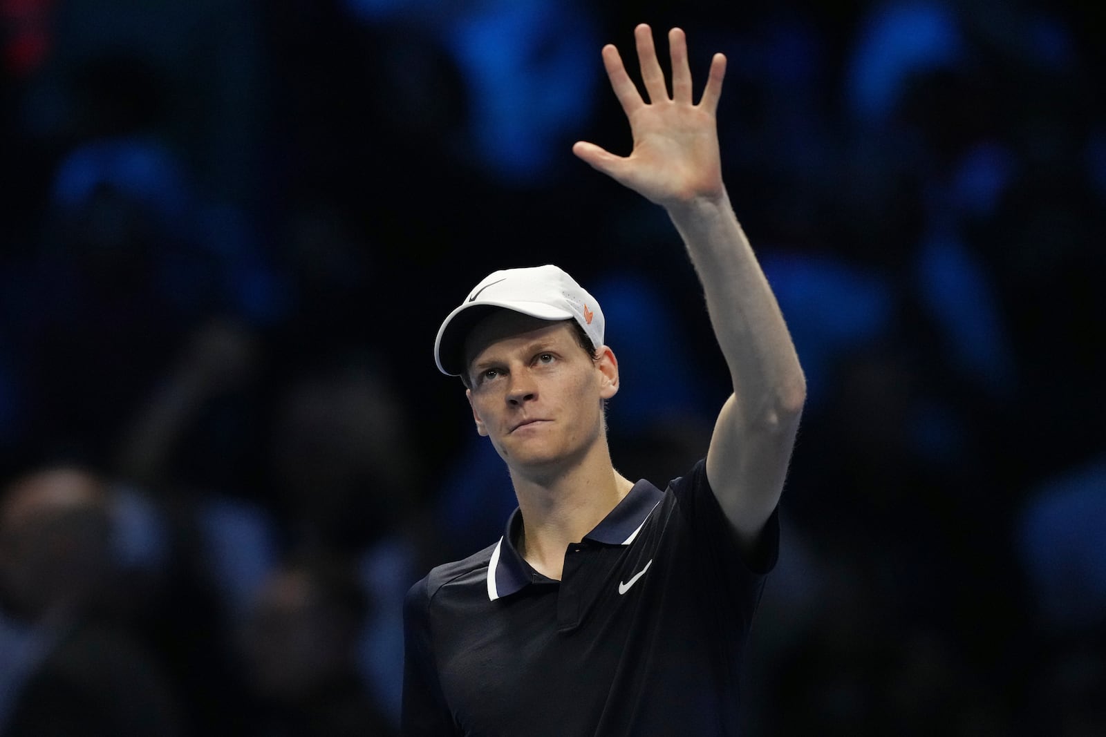 Italy's Jannik Sinner celebrates after winning the singles tennis match of the ATP World Tour Finals against United States' Taylor Fritz, at the Inalpi Arena, in Turin, Italy, Tuesday, Nov. 12, 2024. (AP Photo/Antonio Calanni)