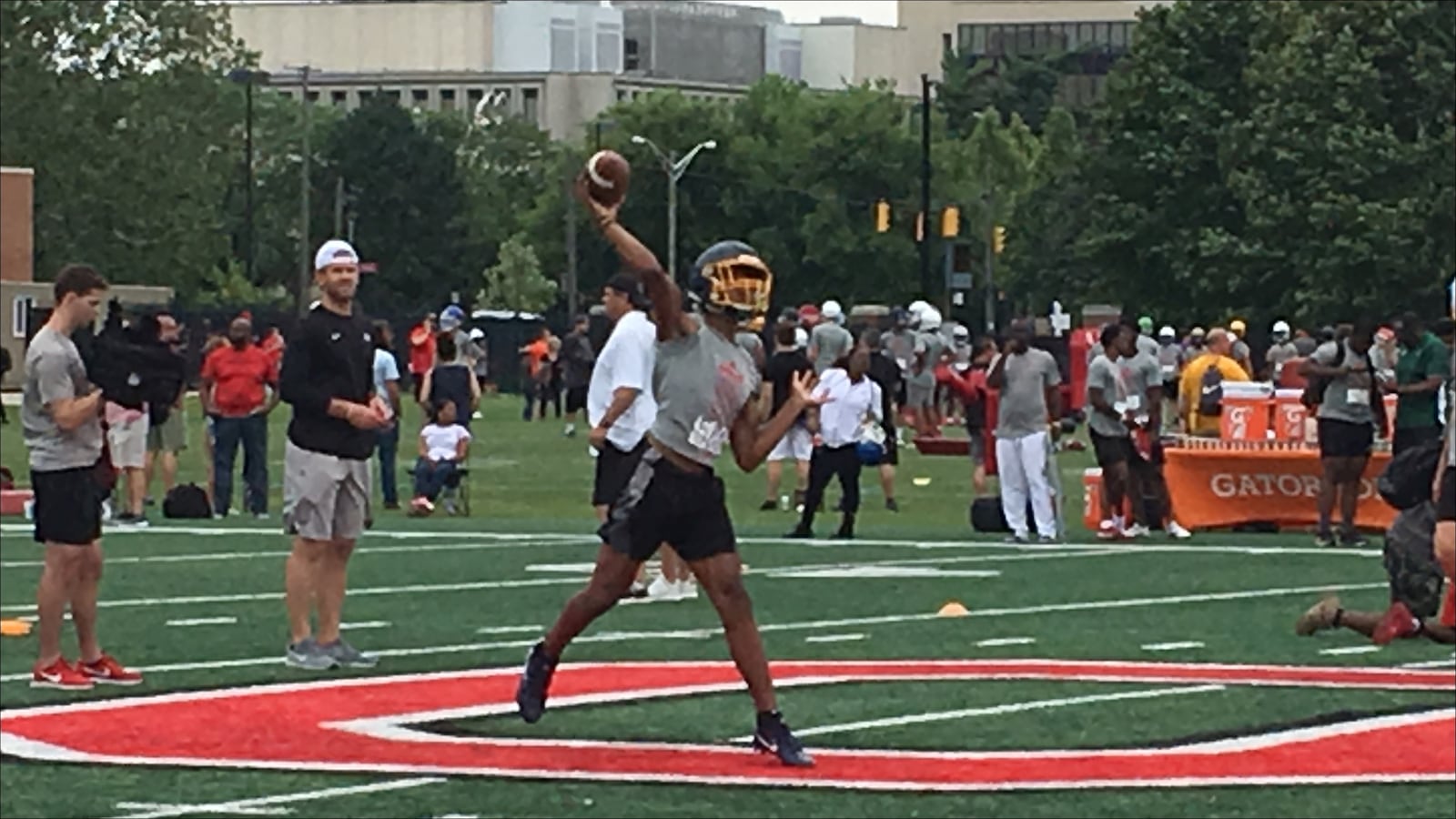 Springfield QB Te'Sean Smoot throws a pass at Ohio State's one-day camp June 15 in Columbus.